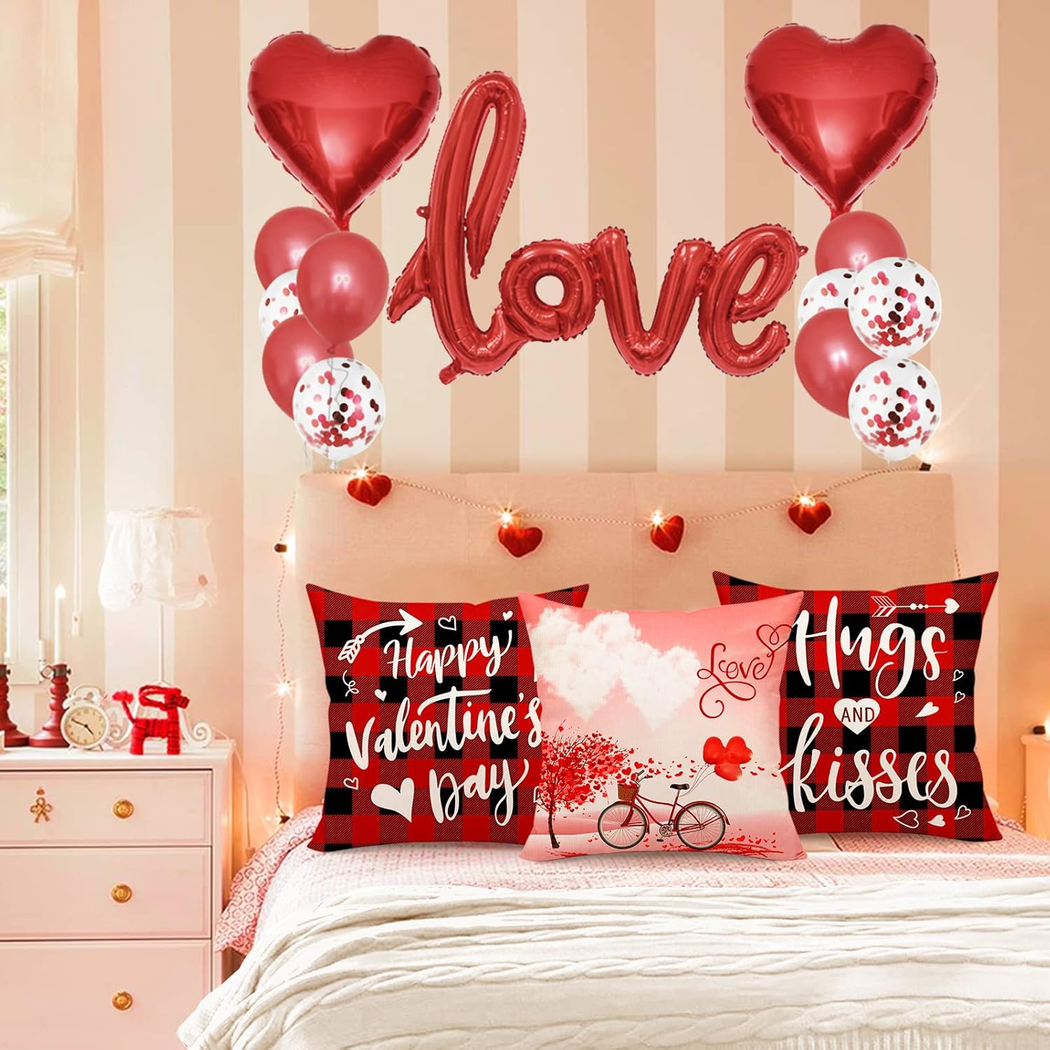 Valentines Day Pillow Covers 18x18 Inch Set of 4, Happy Valentines Day Couch Throw Pillow Covers, Truck Flower and Love Bicycle Valentines Pillow Buffalo Plaid Cotton Linen Cushion Case for Home Decor : Home & Kitchen