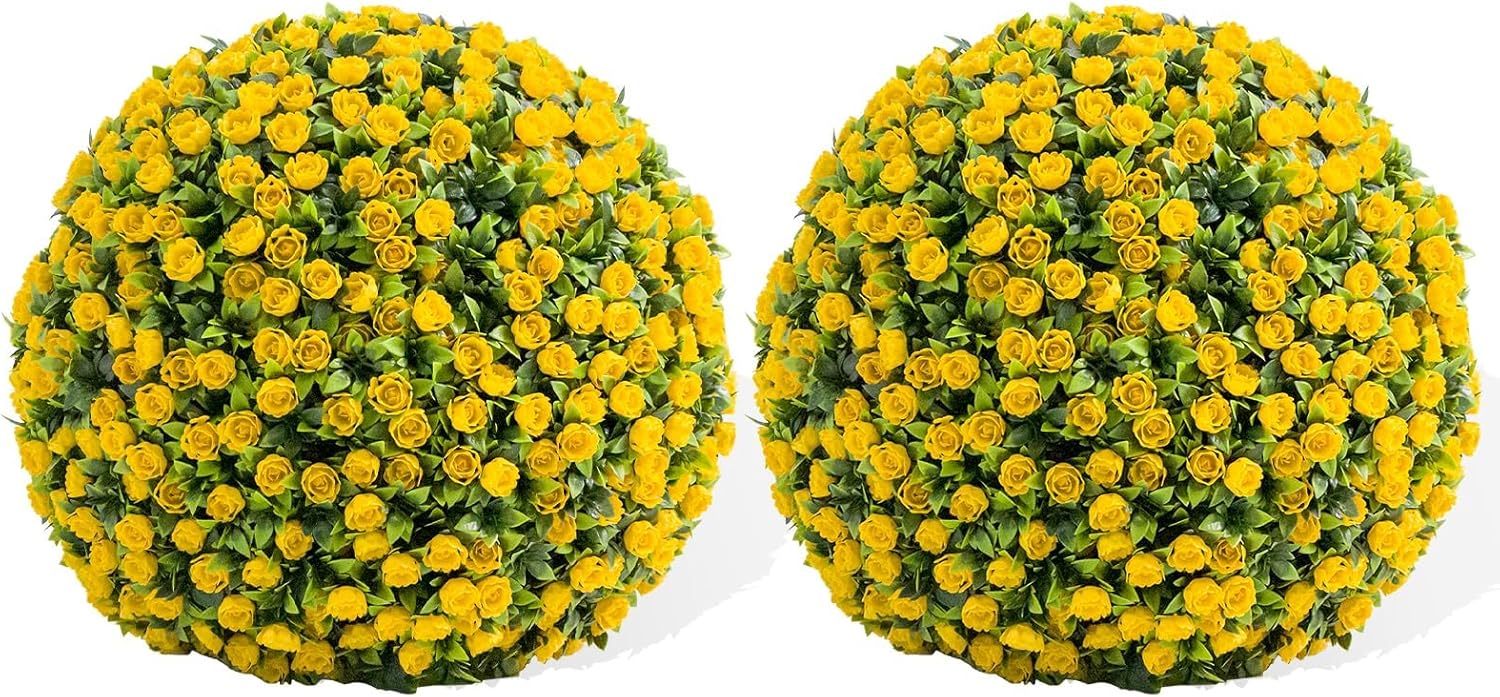 16‘' Artificial Topiary Balls Outdoor Set of 2, Artificial Flower Topiary Ball with 20 Zip Tiles & 2 Hanging Chains, Hanging Decorative Flowers Ball for Garden & Patio, Wedding Decor, Yellow