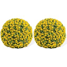 18' Artificial Topiary Balls Outdoor Set of 2, Artificial Flower Topiary Ball with 20 Zip Tiles & 2 Hanging Chains, Hanging Decorative Flowers Ball for Garden & Patio, Wedding Decor, Yellow