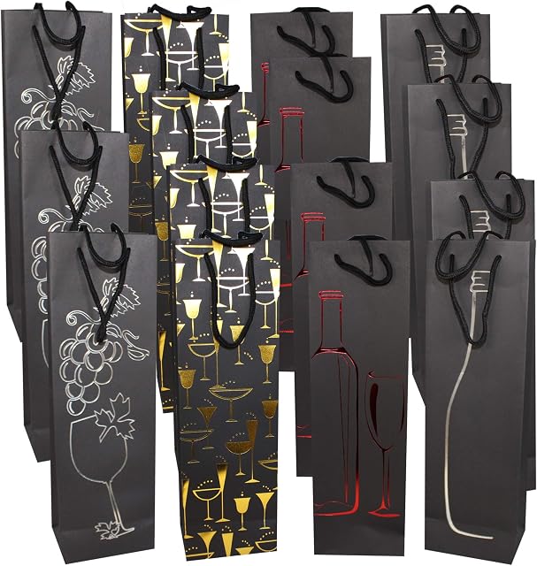 MATANA - 15 Wine Bottle Gift Bags - Premium Paper with Strong Rope Handles, in Assorted Designs for Birthdays, Mothers Day & Anniversaries - 39x12x9cm