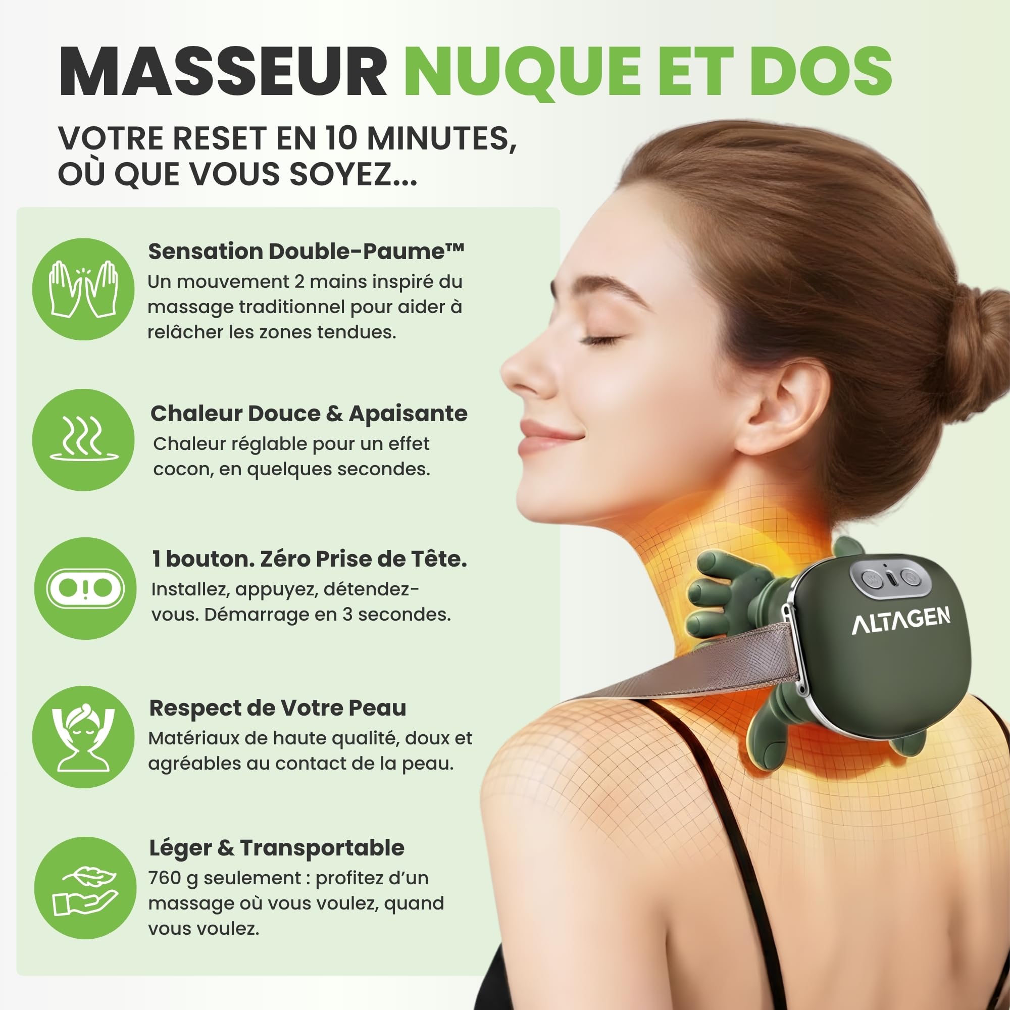 Masseur Cervical ALTAGEN® Main Massante Nuque, Masseur de Cou Chauffant