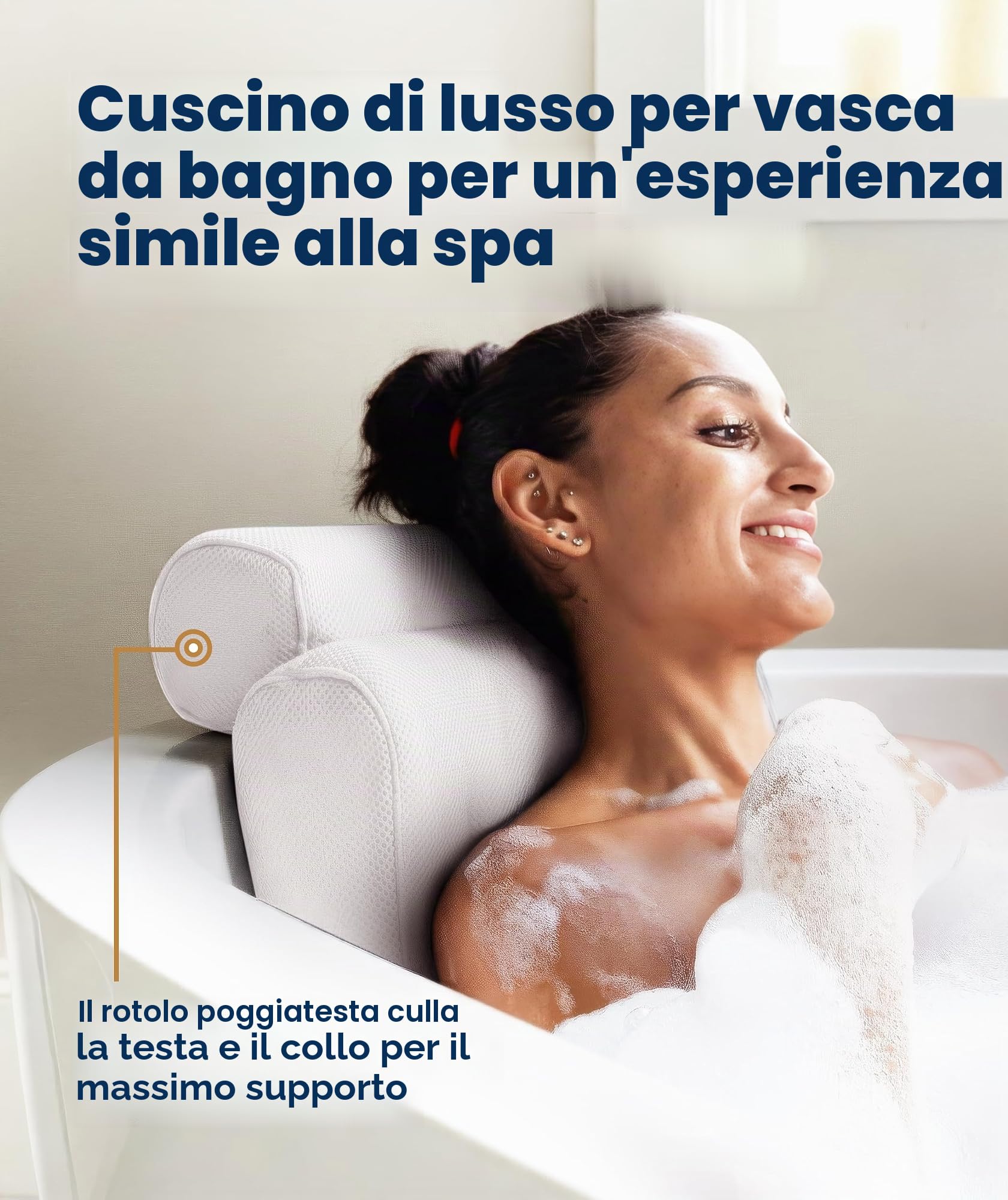 Everlasting Comfort Cuscino vasca da bagno di lusso per testa, collo e schiena – Cuscino antiscivolo con ventose, mesh ad asciugatura rapida e gancio (Bianco)