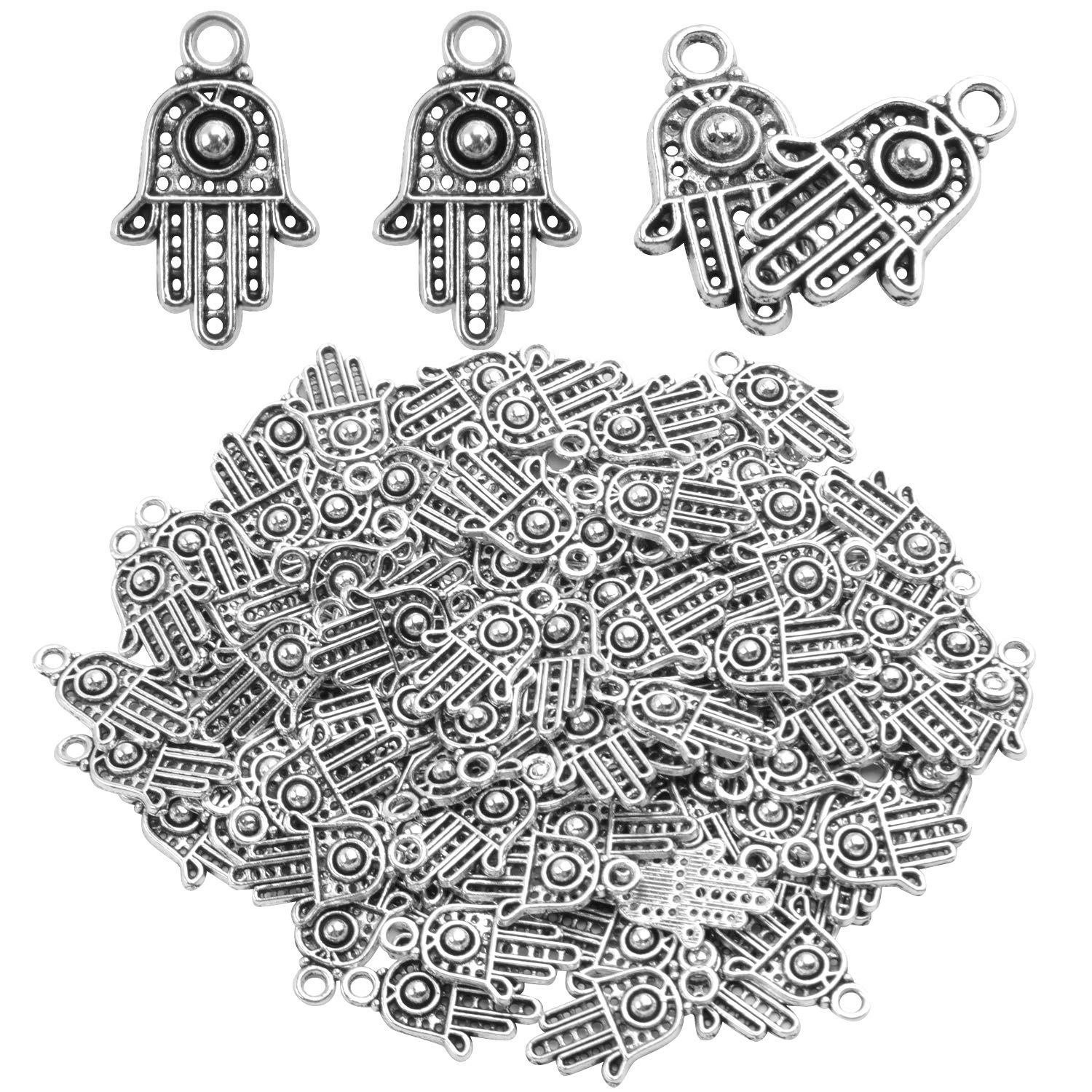 Hendevl100pcs Antique Silver Hamsa Hand Charms Hand of Fatima Pendants Jewelry Making Findings for DIY Necklace Bracelet
