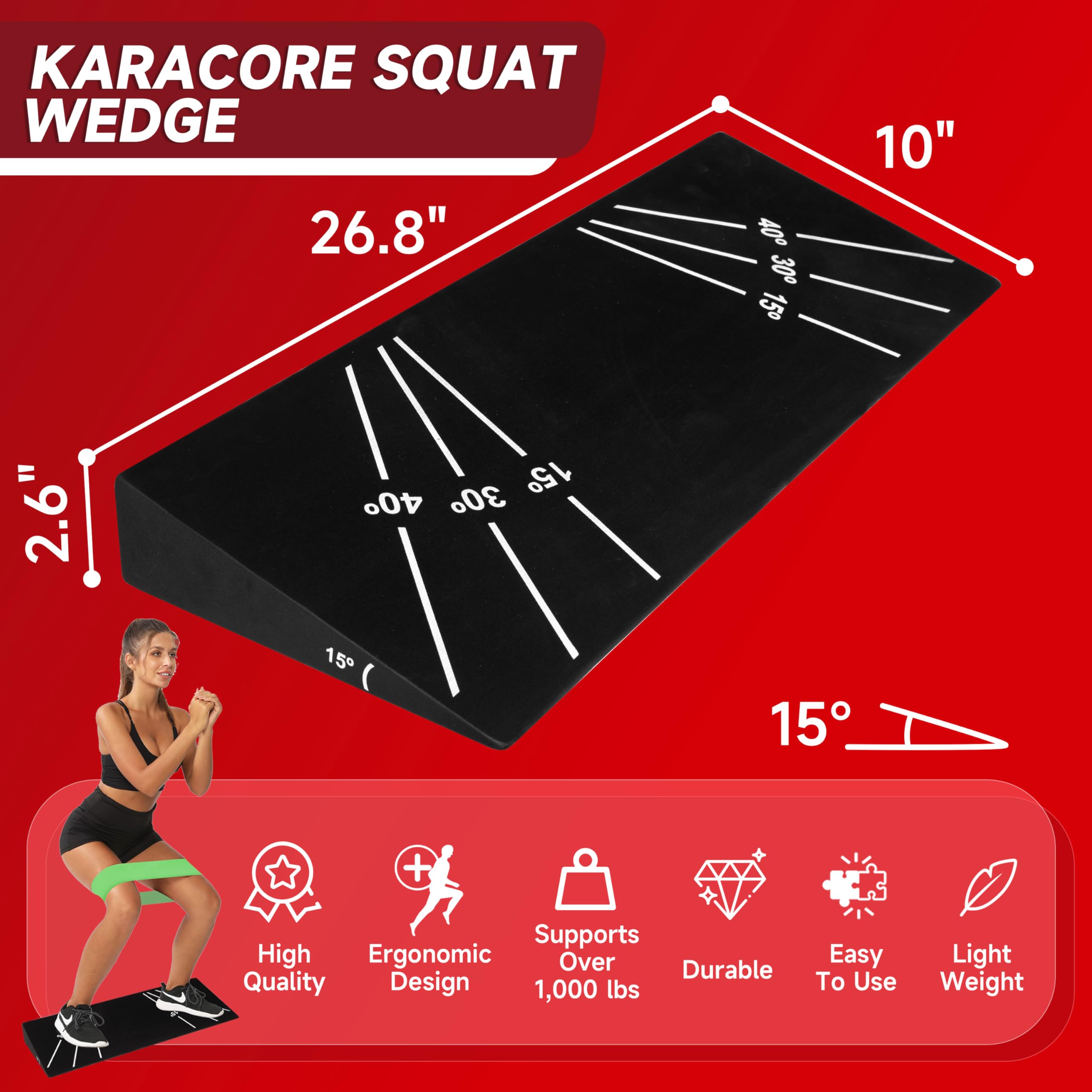 KaraCore Squat Wedge 15°-40° Slant Board with 5 Resistance Bands - Extra-Wide, Non-Slip Board for Deep Squats & Calf Stretching - 1000lb Capacity