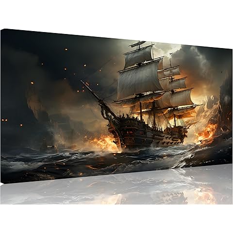 TutuBeer 1 Pcs Pirate Ship Canvas Wall Art Pirate Canvas Wall Art Pirate Pictures Ship Naval Battle Wall Art for Home Decor Pirate Canvas Art Seascape Pictures for Home Decor Decoration 12x24inchx1