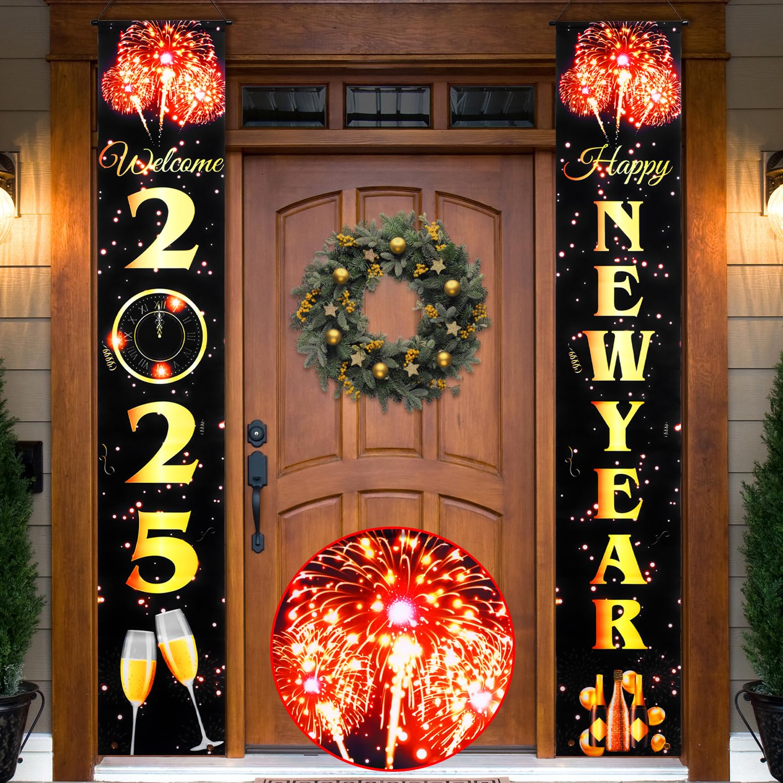 Mega-L 2025 baner na drzwi noworoczne 180 x 28 cm czarno-złoty skrypt powitalny nowy rok ganek baner szczęśliwego nowego roku dekoracje 2025 sylwester banery tło artykuły imprezowe 2025