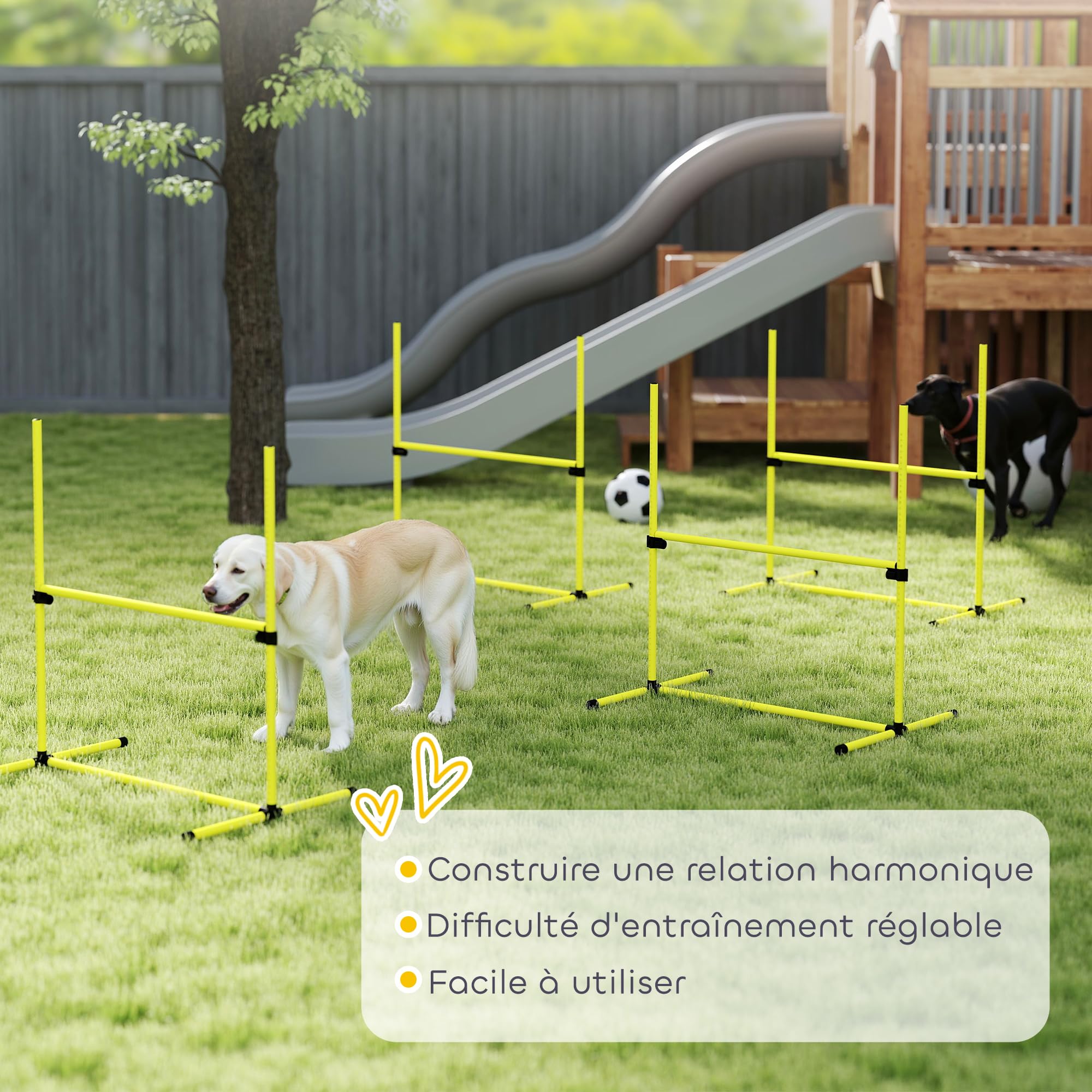 PawHut Agility pour chiens, kit agility chien parcours, set de 4 obstacles professionnels hauteur réglable, système de maintien au sol sac transport parfait pour jeux intéressants, entraînement, jaune