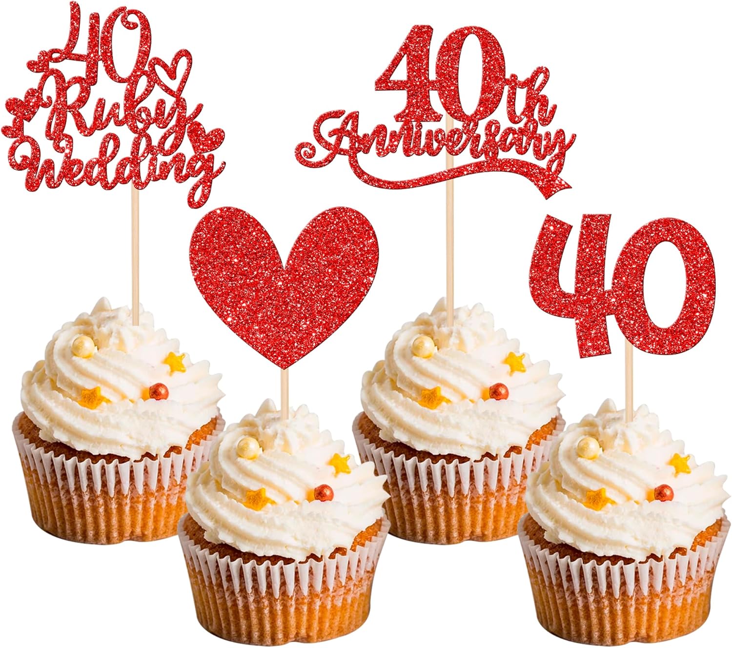 Amazon.com: 24 PCS 40th Anniversary Cupcake Toppers Red Glitter Heart ...