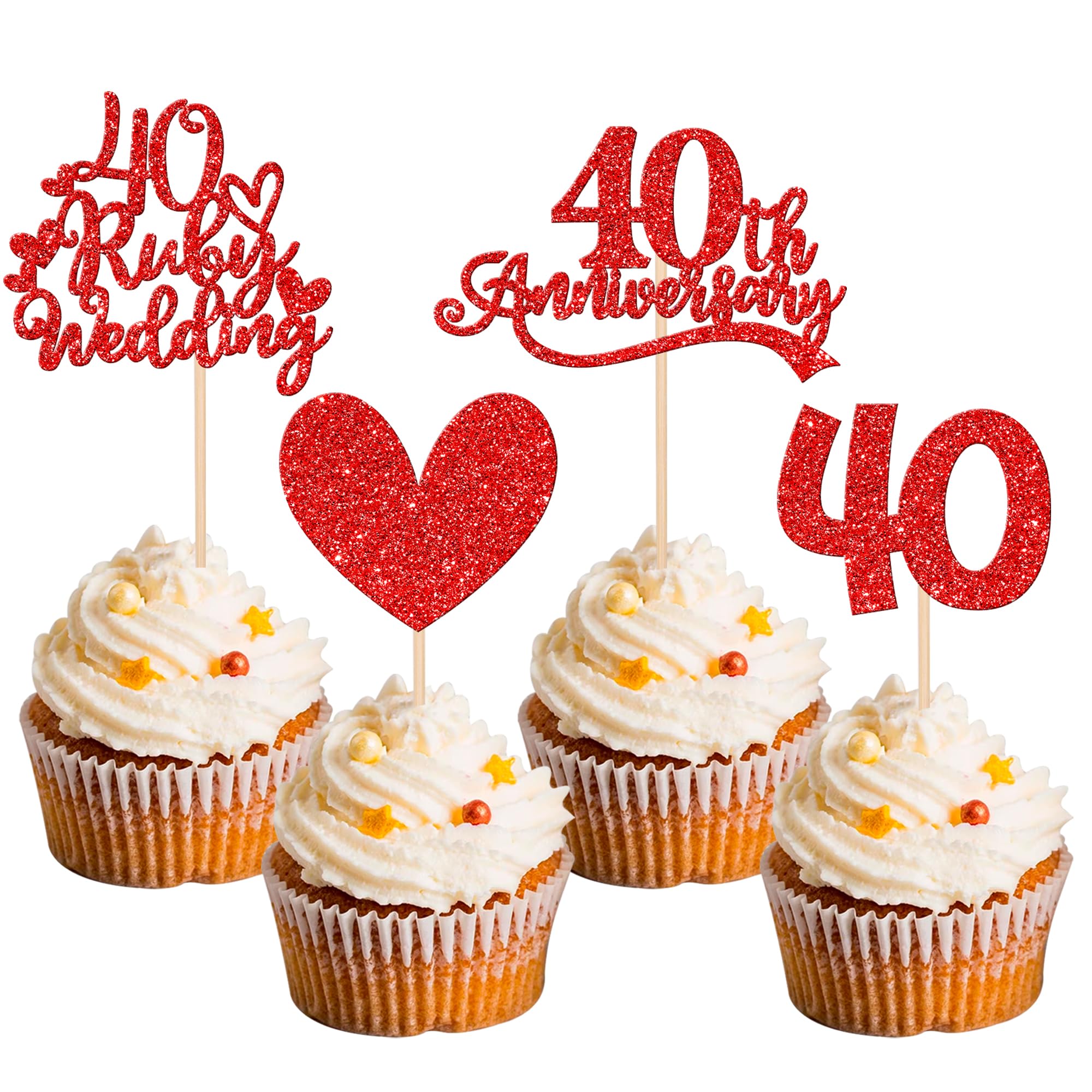 24 PCS 40th Anniversary Cupcake Toppers Red Glitter Heart 40 Ruby Wedding Anniversary Cupcake Picks Cheers to 40 Years Cake Decorations for Happy 40th Wedding Anniversary Party Supplies