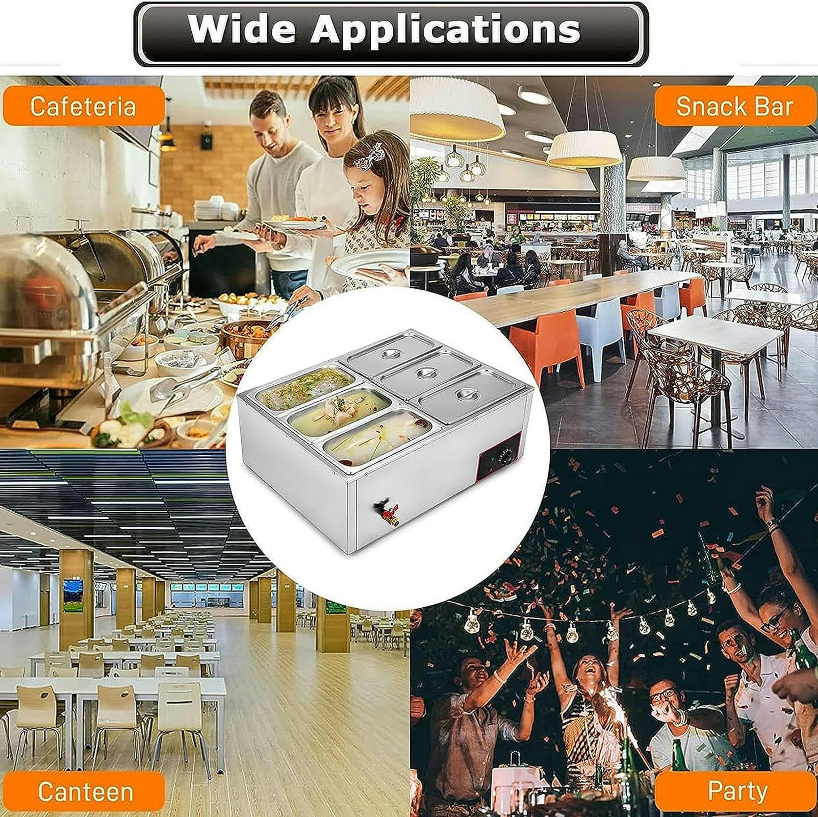 Scaldavivande elettrico da banco, 6 padelle, vassoio scaldavivande da 850 W, grande capacità, vassoi da buffet da 7 litri per buffet catering, intervallo di controllo della temperatura 30-85 °C