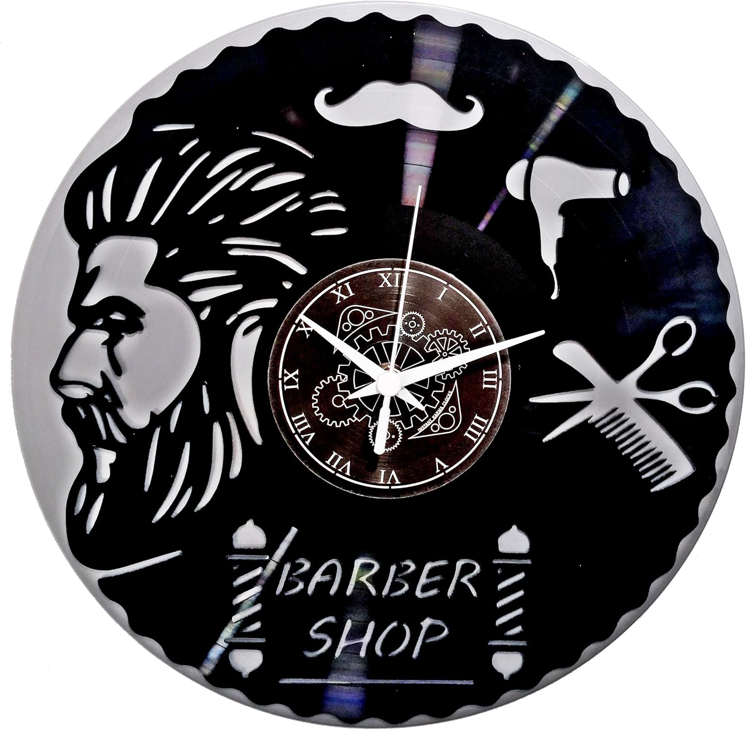 Instant Karma Wall Clock Disc in Double Vinyl Hair Cutting Barber Barber Shop (Silver), Vintage, Silent