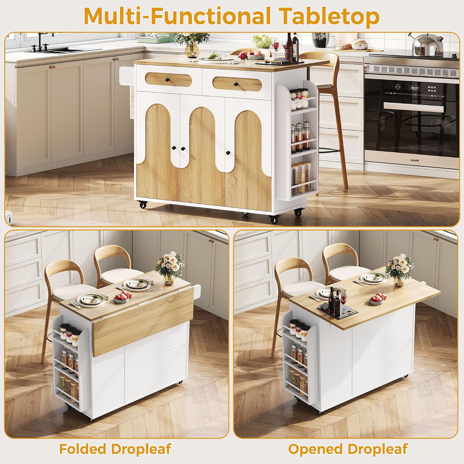 IRONCK Kitchen Island with Storage, Rolling Kitchen Island Cart with Drop Leaf Countertop, Multi-Function Mobile Kitchen Island with Side Shelves for Dining Room, White & Natura