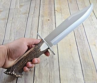Mega Blades CUSTOM HANDMADE D2 STEEL STAG HANDLE BOWIE KNIFE WITH LEATHER SHEATH