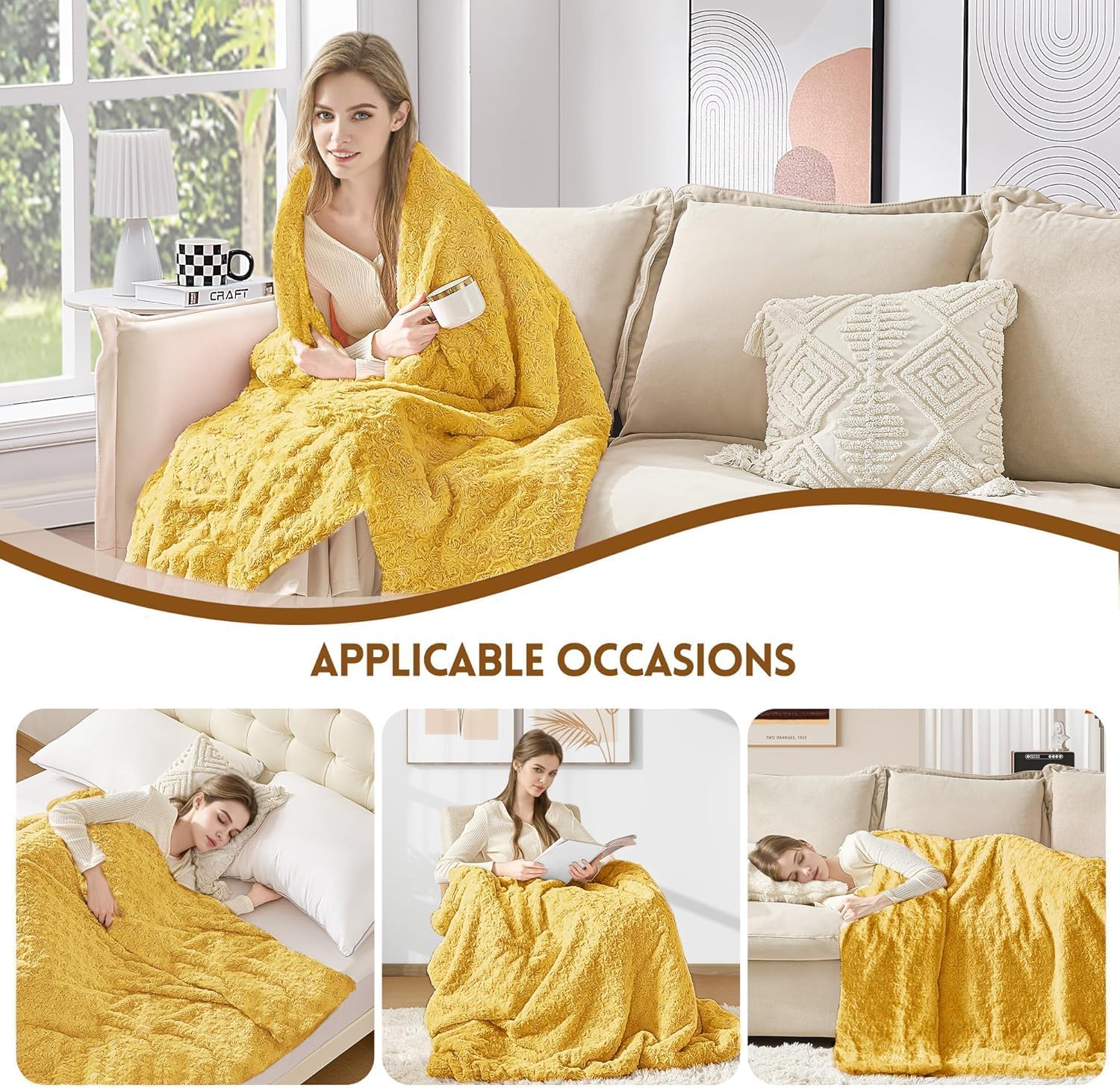 Double-Sided Faux Fur Throw Blanket, Fuzzy Soft Plush Thick Warm Fluffy Shaggy Fuzzy Blanket for Couch, Sofa, Bedroom, Luxury Blanket Valentines Day Gifts for Her, Yellow, 50"x60"