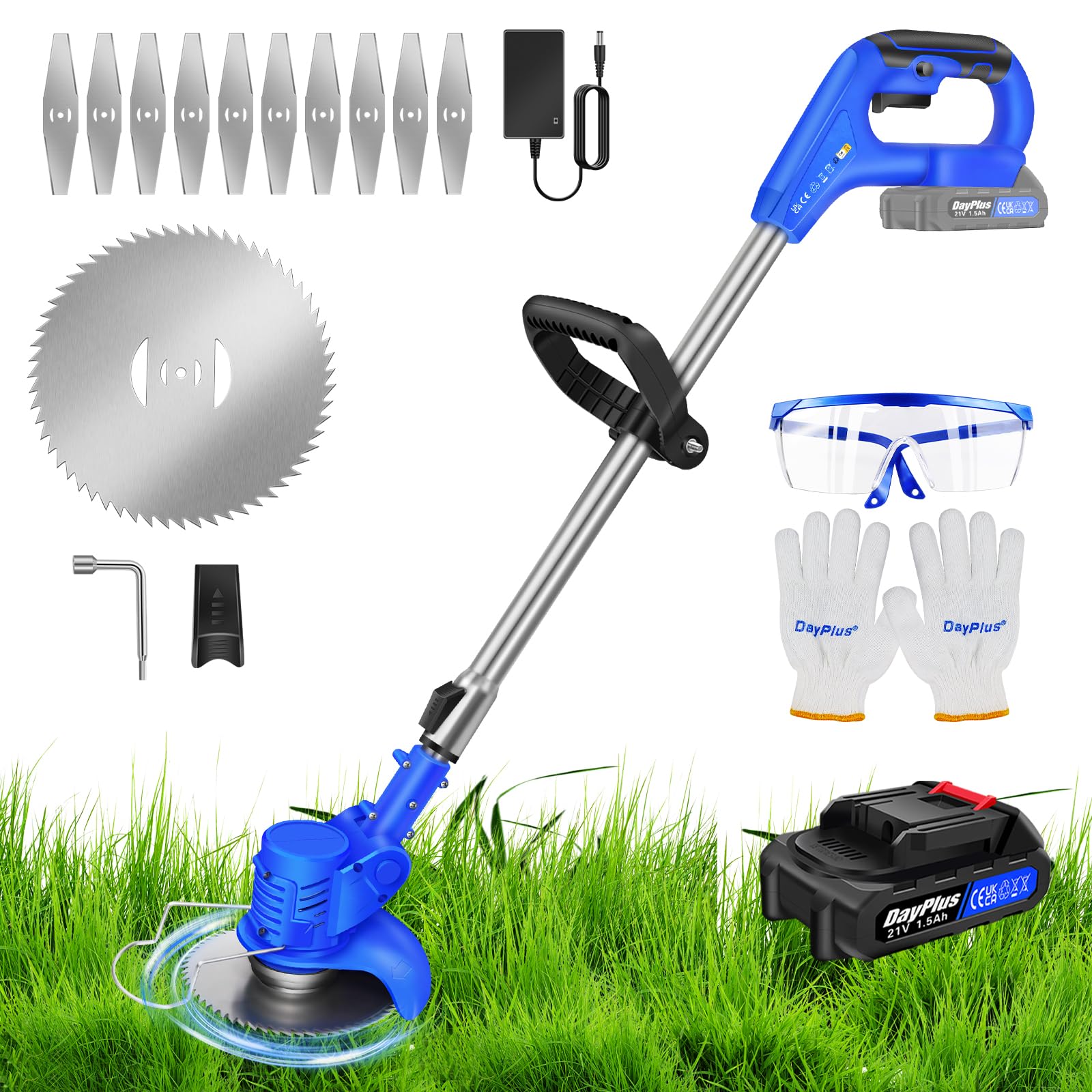 Cortacésped con 2 baterías, ancho de corte de 25 cm, batería de 21 V y 1,5 Ah y cargador, cortador de bordes para el cuidado del jardín