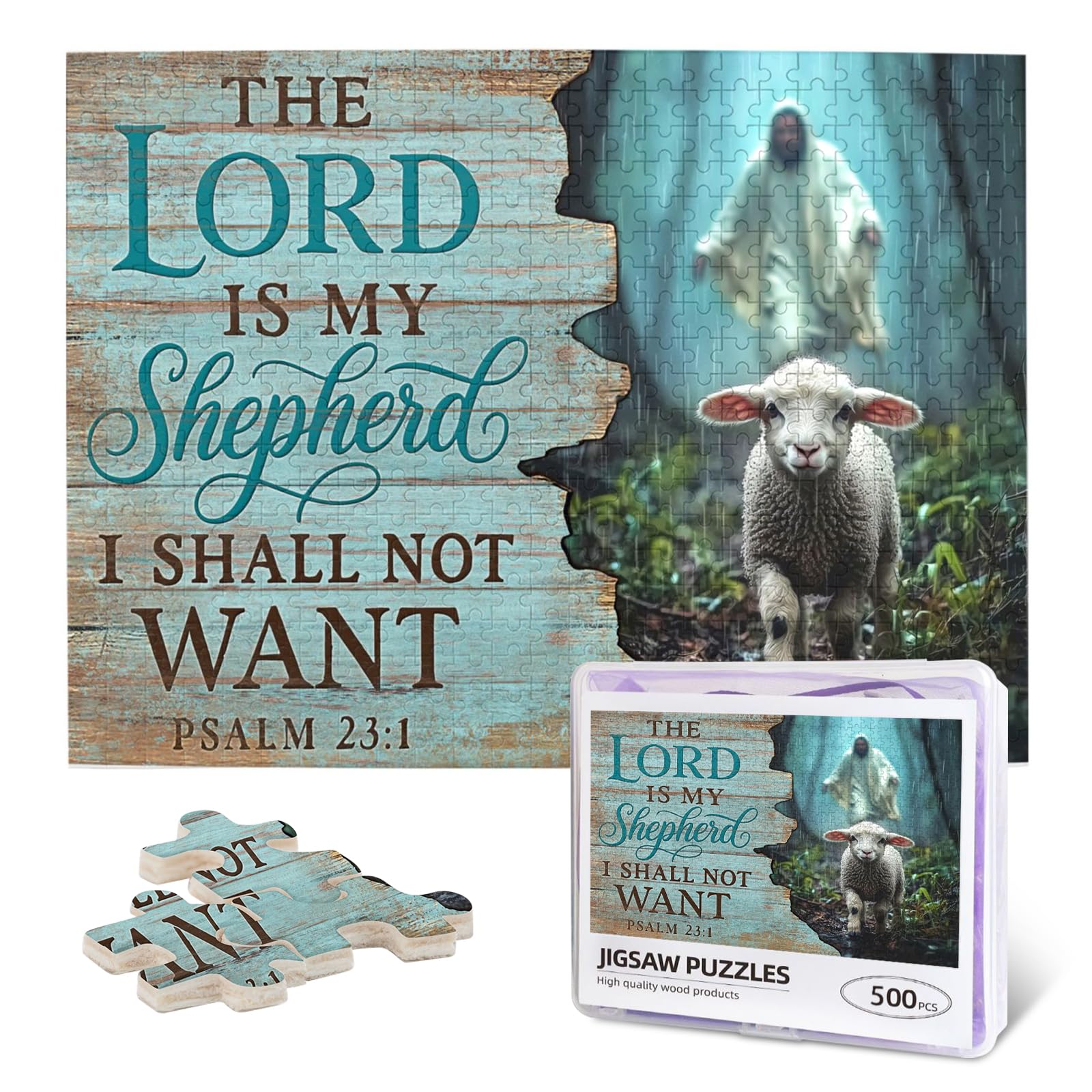 500 Piece Wooden Christian Jigsaw Puzzle for Adults - Psalm 23 "The Lord is My Shepherd Jesus & Lamb Art, Inspirational Religious Gift for Christian Women & Men