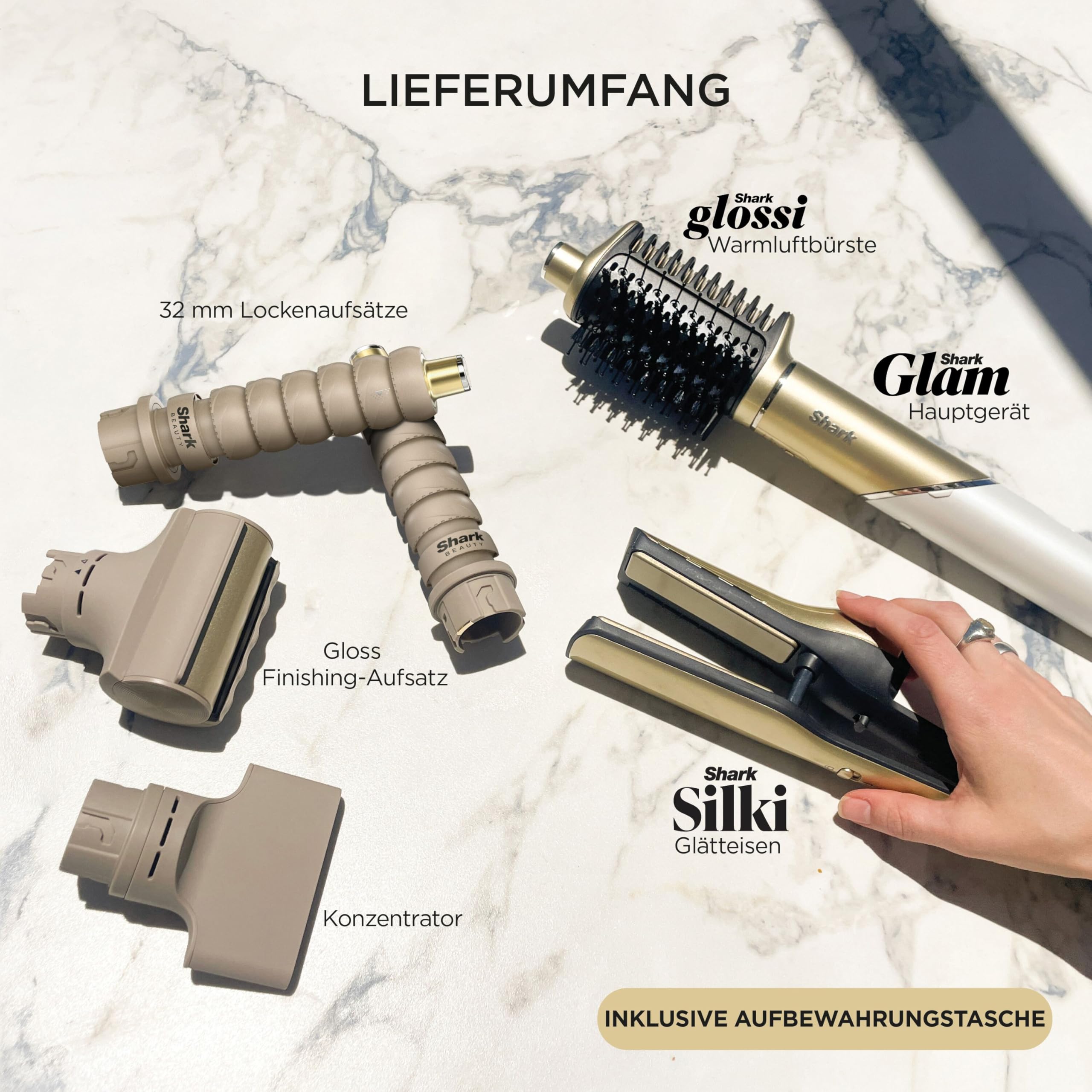 Shark Glam Multistyler Haartrockner mit Keramik Gloss-Lock-Technologie Styling-Aufsätzen Silki Glossi
