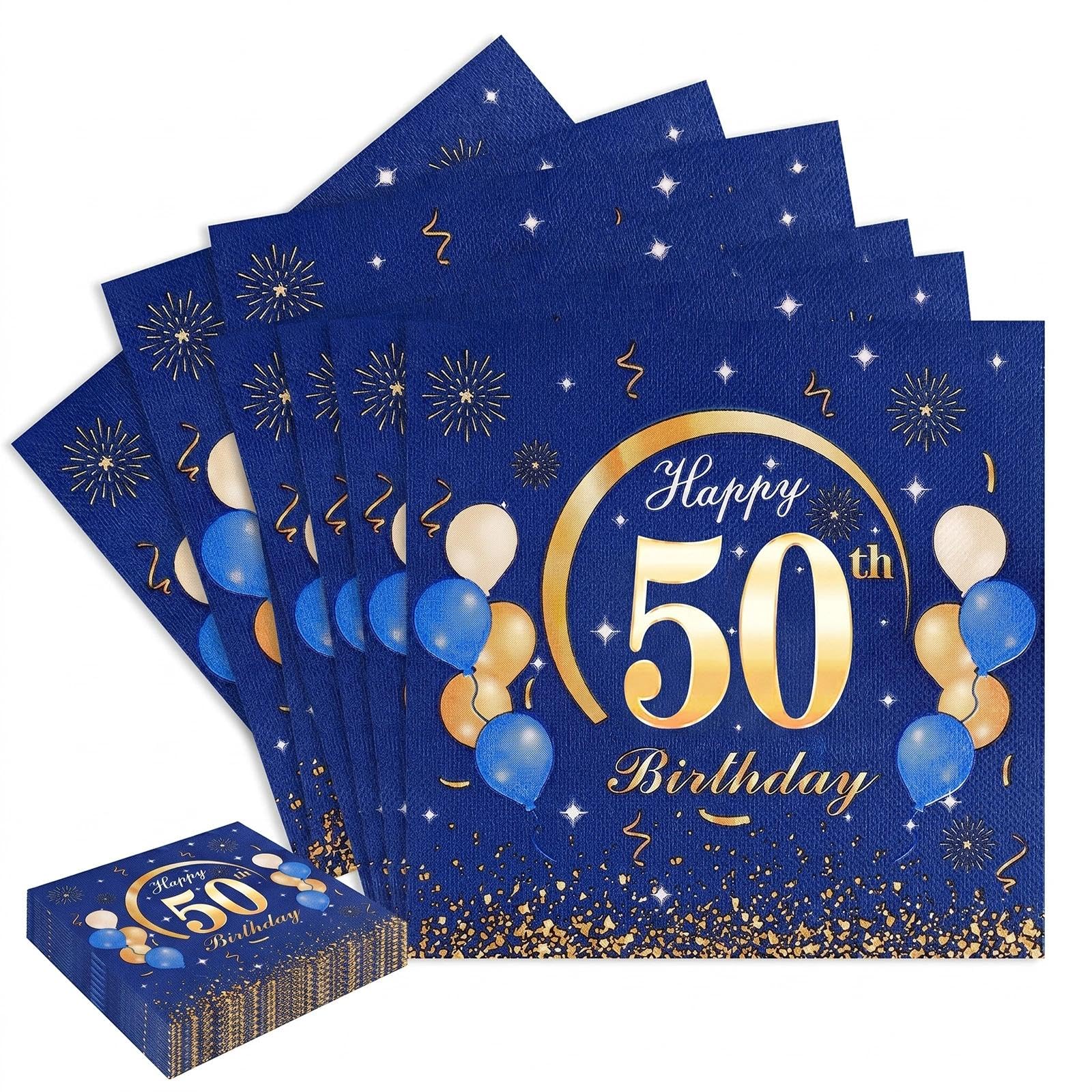 40PCS 50th Birthday Party Napkins, Disposable Blue Gold Paper Napkin for Men Women, 33x33cm Decorative Serviettes for 50th Birthday Celebration Decorations