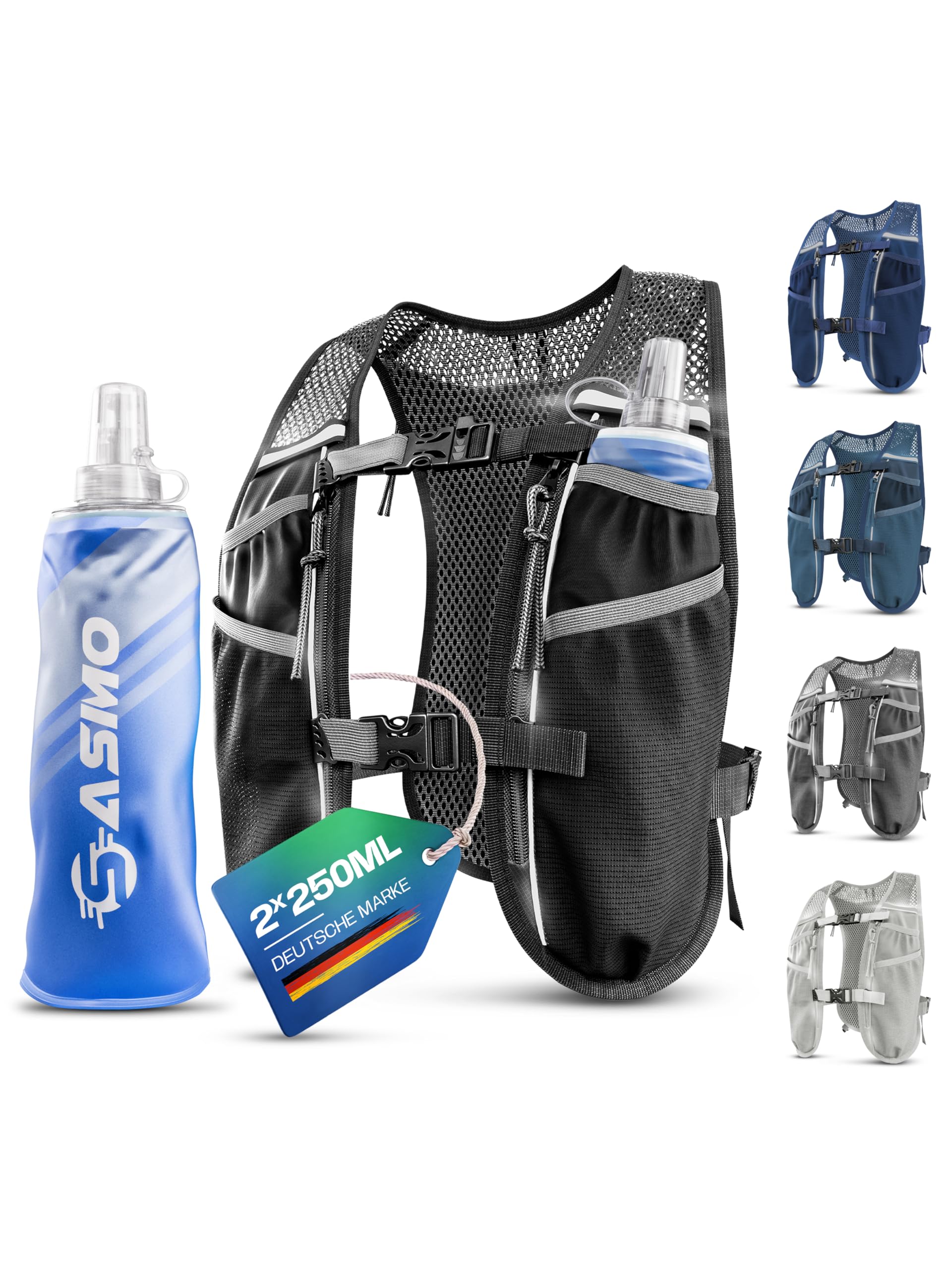 SASMO® Laufweste Damen & Herren 5L / 2L | Running Vest - Ultraleicht & atmungsaktiv| Laufrucksack Damen - 8 Taschen | Laufweste Herren | Trinkweste Laufen