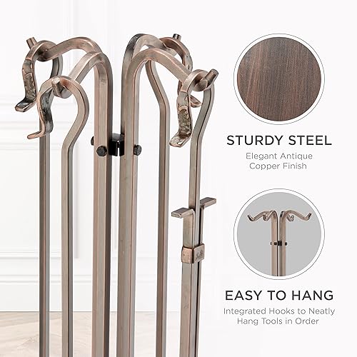 Miniatura 3 de UniFlame, F-1266, juego de herramientas para chimenea de ladrillo martillado de cobre antiguo de 5 piezas