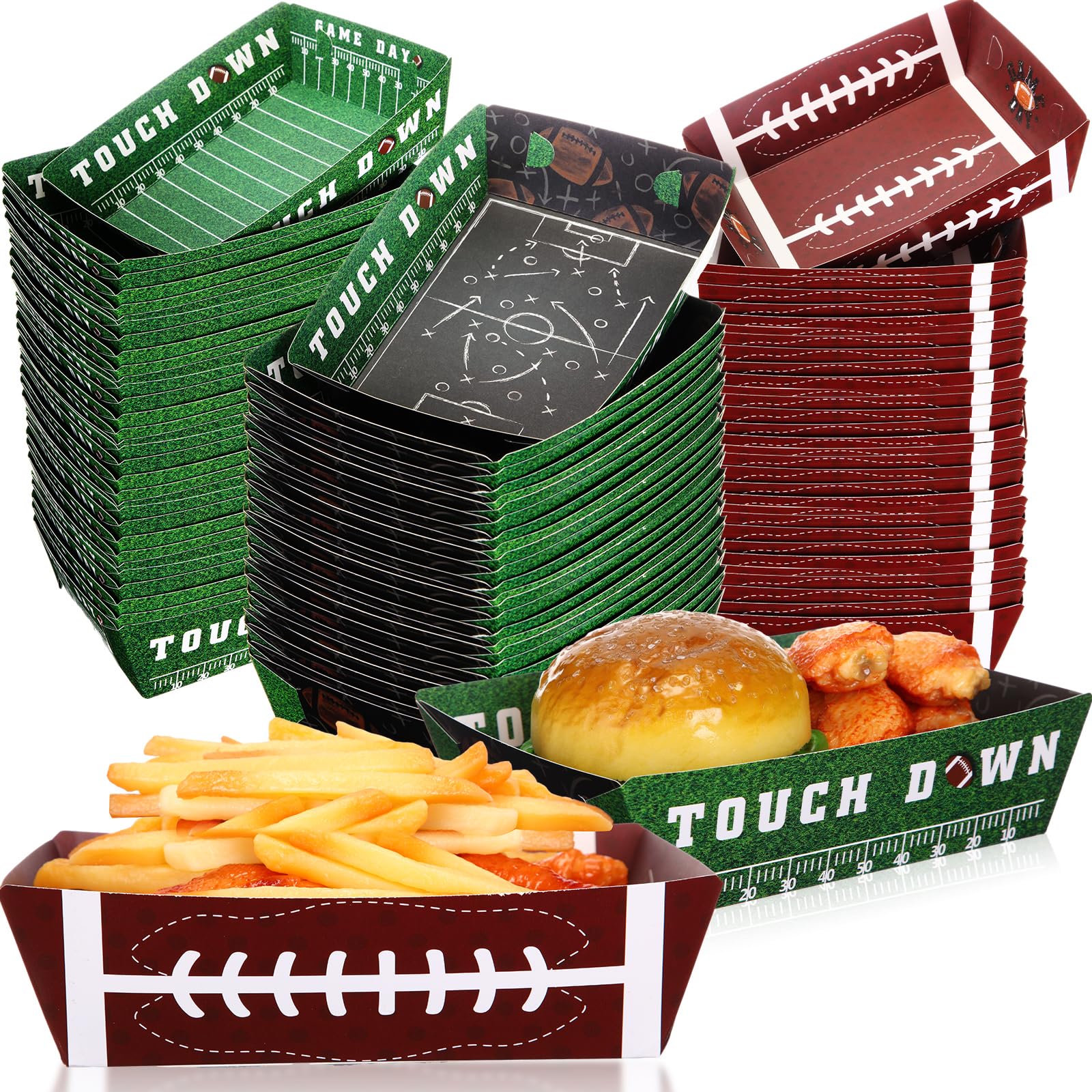 Thenshop 120 Pcs Football Party Supplies Kit 4lb Large Paper Food Trays Football Bowls Disposable Nacho Hot Dog Resistant Liner Paper Trays Serving Tray for Game Day Birthday Decor