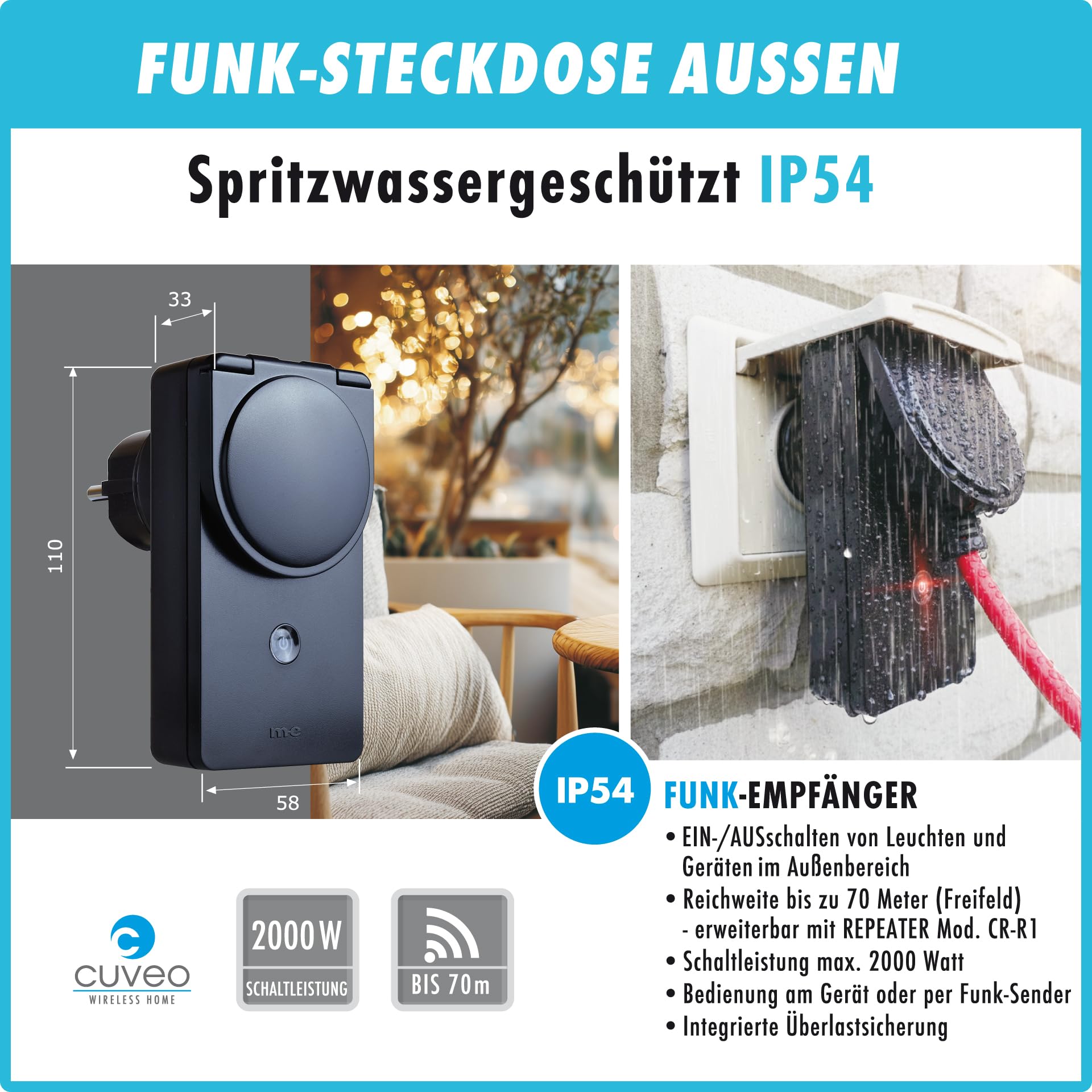 m-e Starterset-8-W Cuveo Funk-Steckdose Bewegungsmelder Set für Außen - Funk-Bewegungsmelder mit Steckdose, IP54 wetterfest, 50m Reichweite, 2000W Schaltleistung, 120° Erfassung, Farbe Weiß