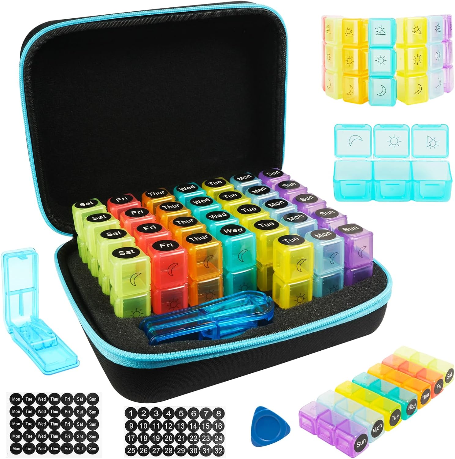 Monthly Medicine Pill Organizer 3 Times a Day, Travel Pill Box with Labels and Pill Cutter, Medication Organizer with 31-Day Compartments, Portable Vitamin Holder Storage Case with Hard Shell