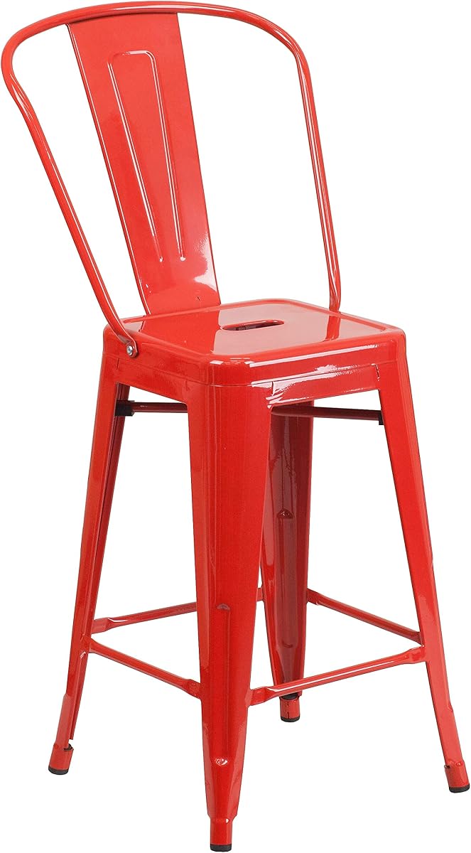 Flash Furniture Commercial Taburete de metal para interior/exterior de 24 pulgadas, rojo | Respaldo removible, uso interior/exterior, altura del mostrador