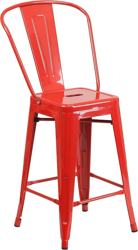 Flash Furniture Commercial Taburete de metal para interior/exterior de 24 pulgadas, rojo | Respaldo removible, uso interior/exterior, altura del mostrador