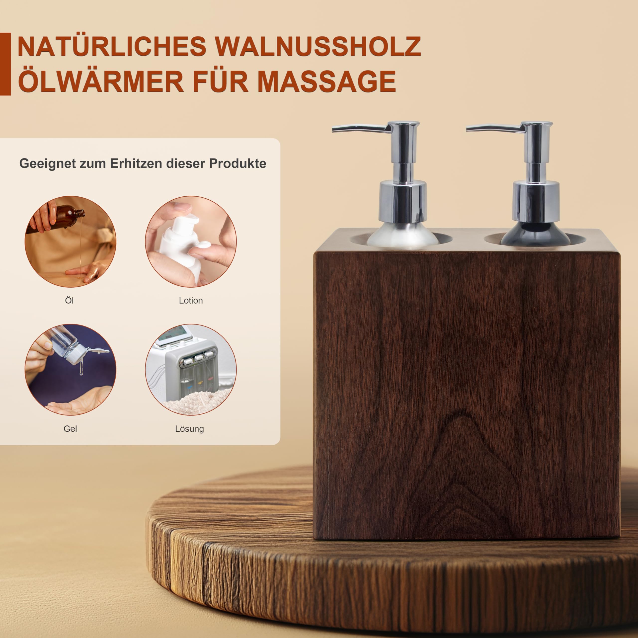 Elitzia Walnussholz Massageölwärmer Doppelflaschen-Heizungssteuerung 4 Pumpflaschen Lotion-Wärmer-Spender Beheizt 122-140°F Salon Spa ETAW04