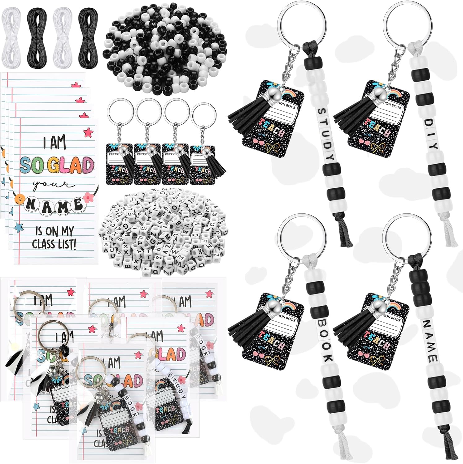 Suncalla 996 Pcs 24 Set Composition Book Keychain Making Kit End of Year Gifts DIY Bead Key Chain Crafts Adjustable Name Bead Notebook Card Kit Back to School Jewelry Graduation Party Supplies
