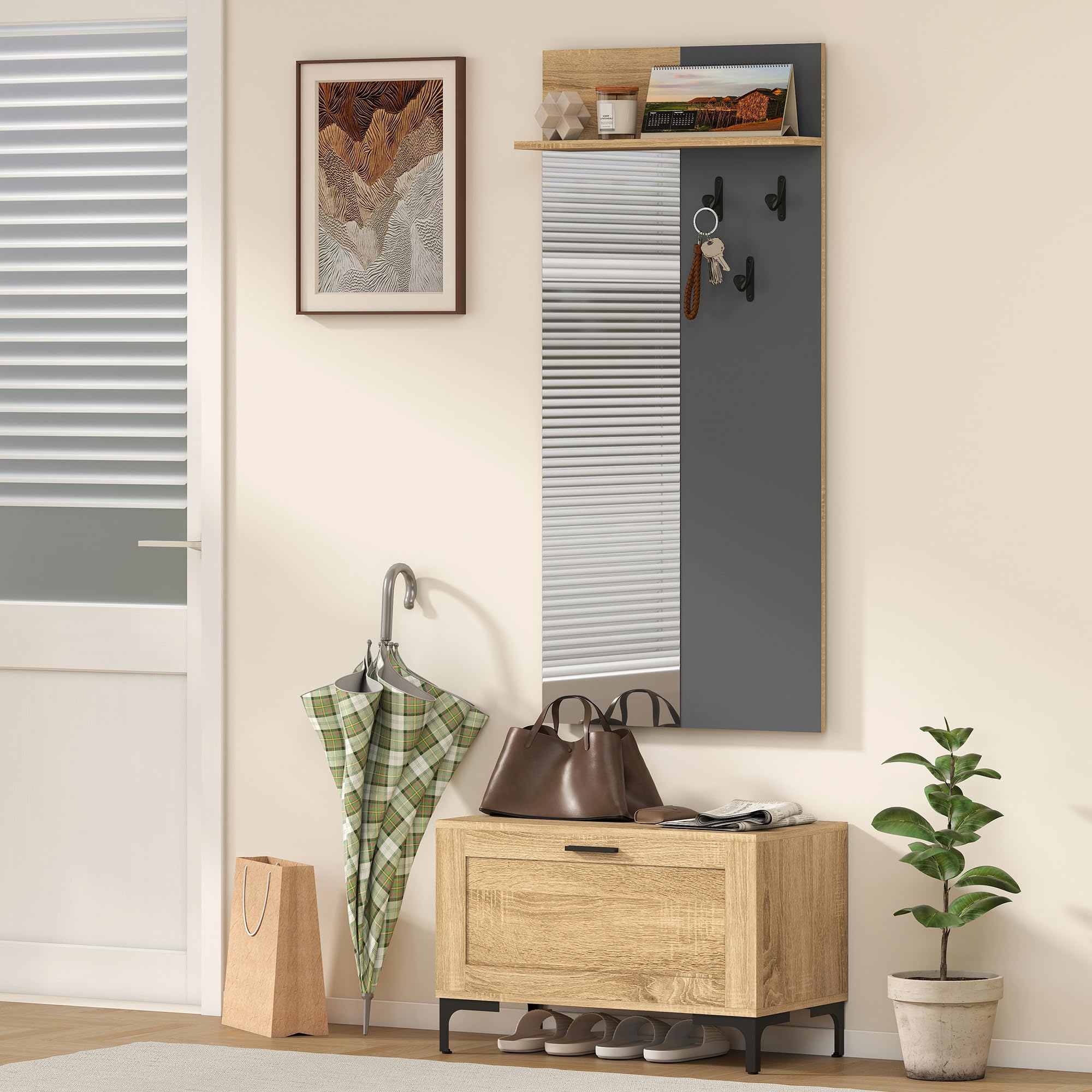 HOMCOM Garderobe Set, Garderobe mit Spiegel, Haken, Schuhbank, Ablage, Garderobenständer, Garderobenset, Flurgarderobe mit Klappschublade, für den Flur, 60 x 13,5 x 127,5 cm, Naturholz