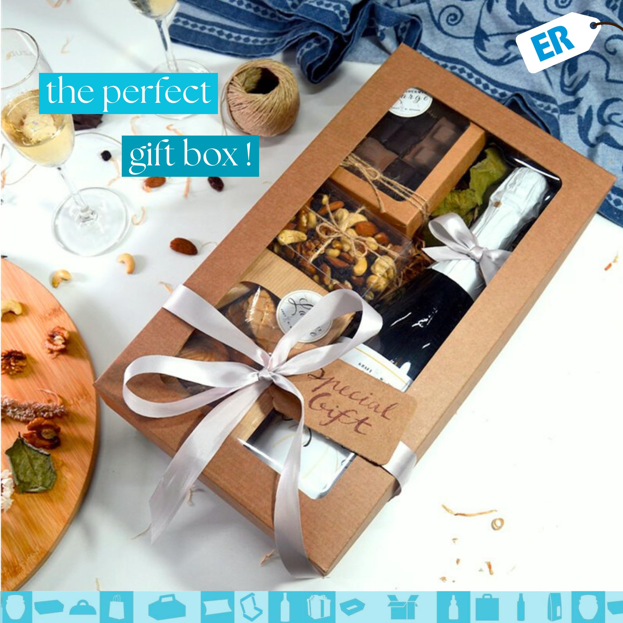 Cajas de Regalo de Cartón Kraft con Ventana Transparente - 25 Unidades - 350x190x105 mm - Perfecto para Regalos Personalizados de Navidad, Cumpleaños, Recuerdos, Repostería, Tartas, Cupcakes