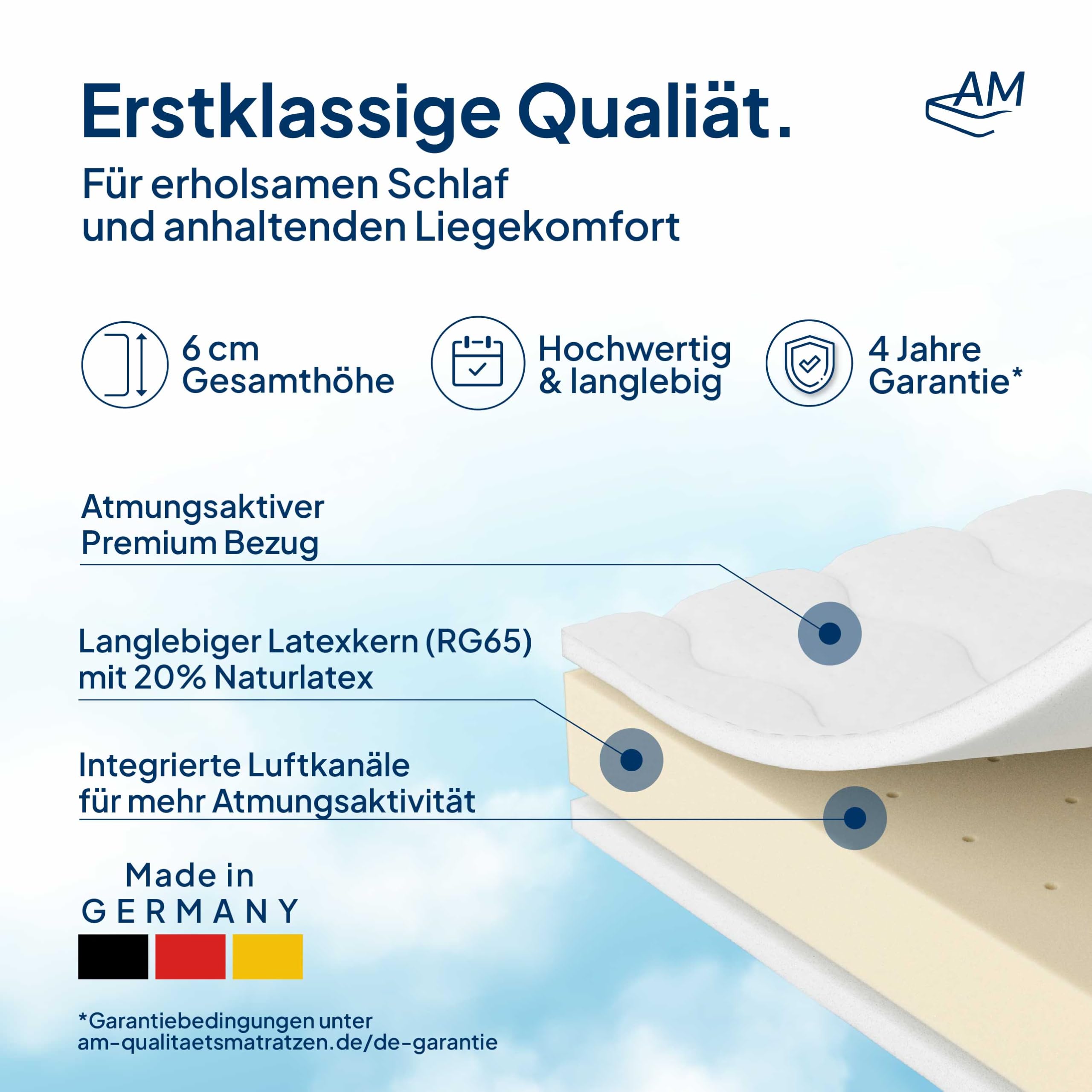 AM Qualitätsmatratzen Premium Latex Topper 90x200cm RG65 - Made in Germany - Atmungsaktiver Naturlatex Topper 90x200-6cm - Matratzenauflage 90x200 mit Lyocell Bezug und Anti-Rutsch Funktion