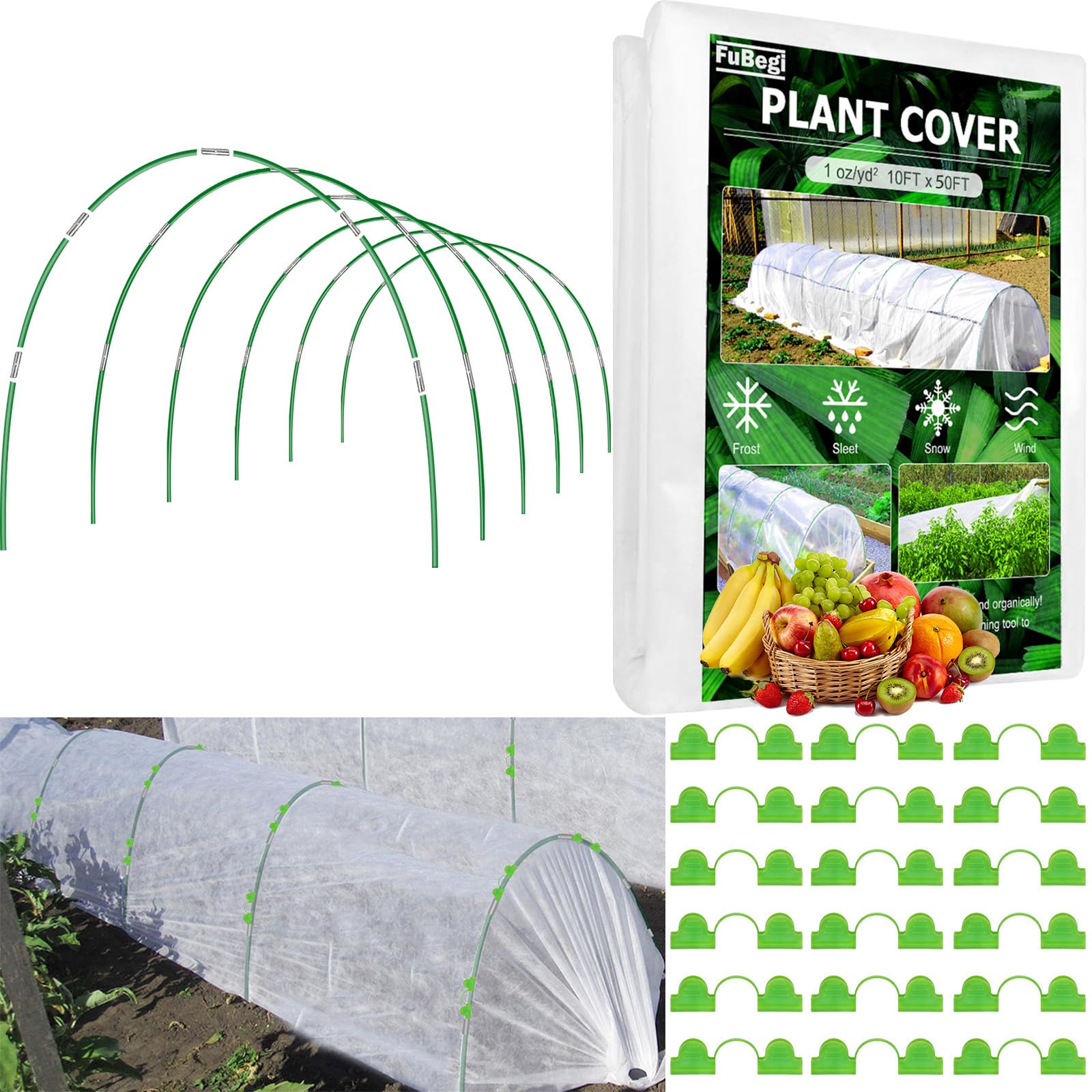 36pcs Garden Greenhouse Hoops for Raised Beds, Grow Tunnel Netting Hoops, 3x15M Garden Fleece Frost Protection 30gsm Horticultural Fleece Kit, Plant Cover Antifreeze Plant Blanket Fleece Protection