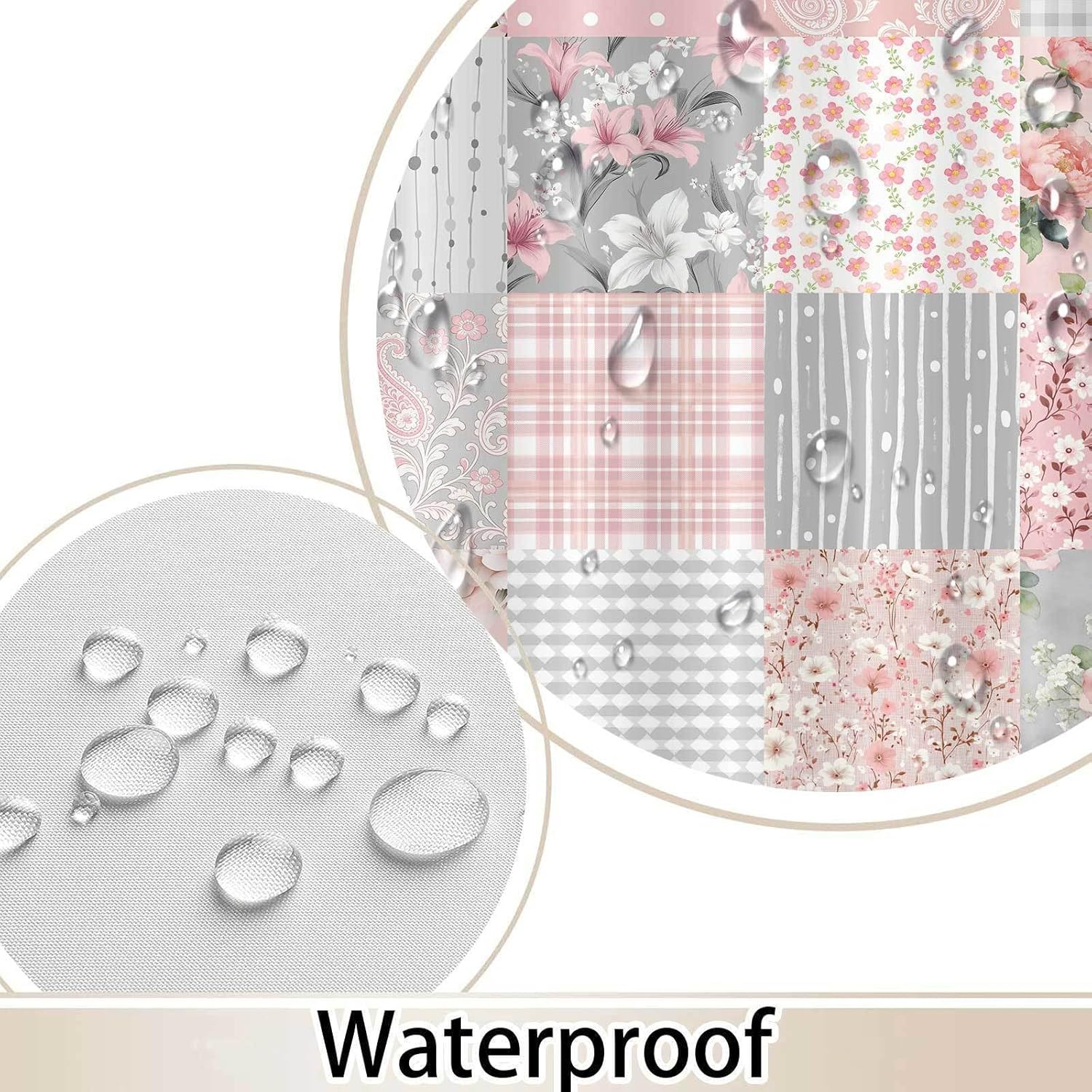 Vintage Floral Checkered Extra Long Shower Curtain with 78 inch Height, Pink Flower Grey Plaid Shower Curtain for Bathroom, Modern Minimalist Waterproof Fabric Shower Curtain Set 72x72 Inch