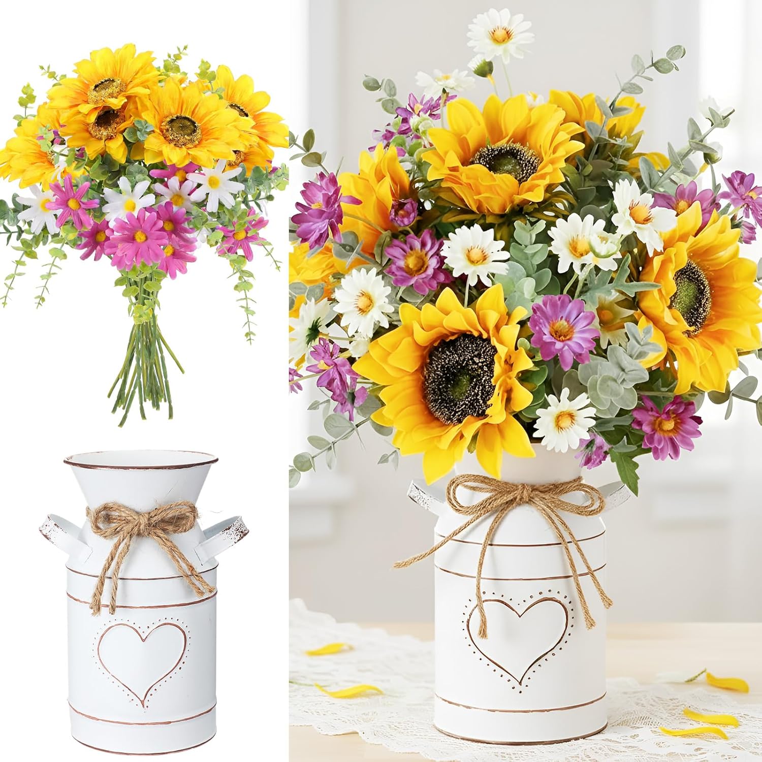Suncalla Sunflower Table Centerpieces in Galvanized Metal Milk Can Vase Include 5 Fake Sun Flower Bouquet 3 Leaves Brunches 1 Vintage Bucket for Spring Home Farmhouse Kitchen Wedding Party Decoration