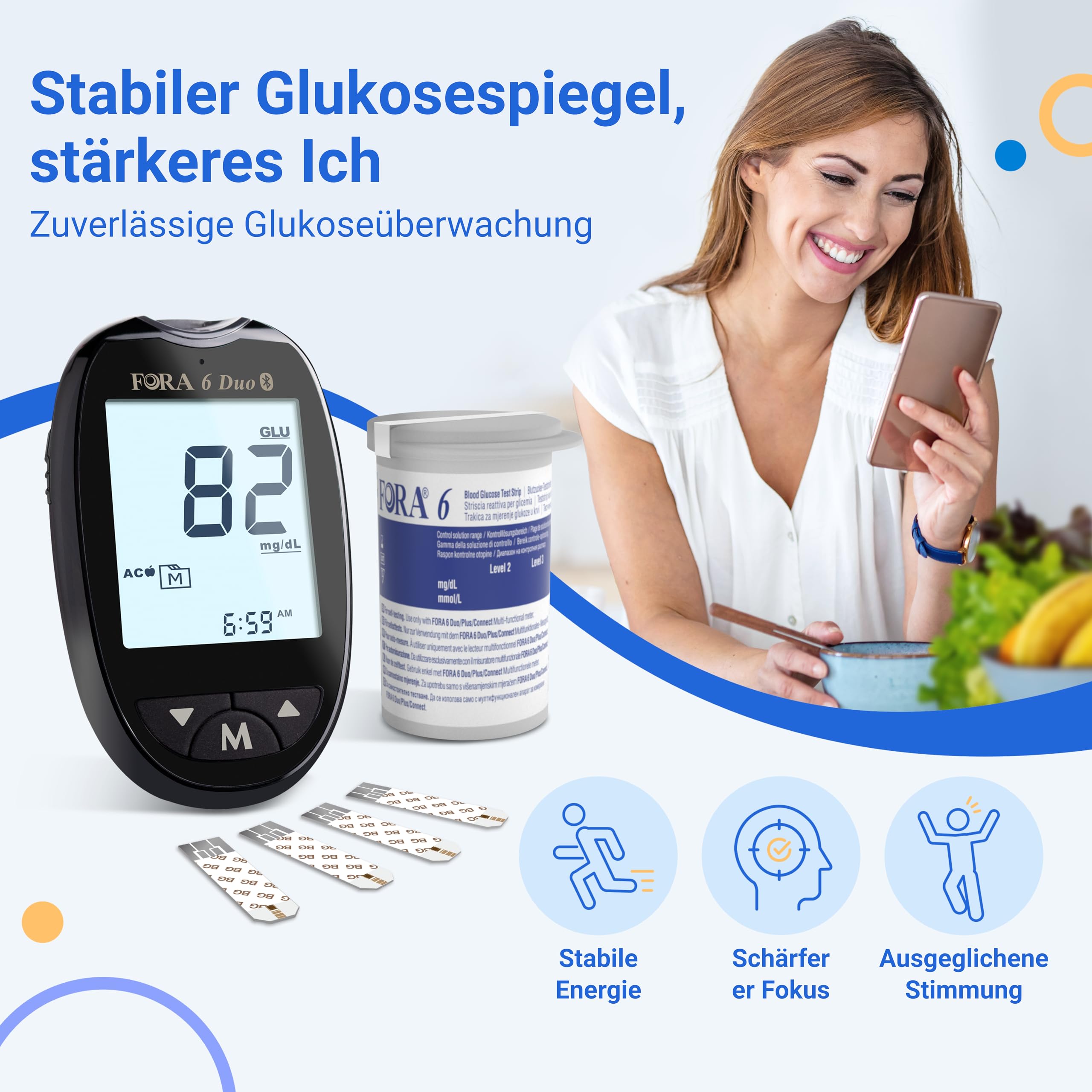 FORA 6 Duo Blutzucker & Keton Messgerät Set – mit 60 Blutzucker-Teststreifen | 2-in-1 Messgerät (Glukosestreifen inkl., Ketonstreifen separat erhältlich)