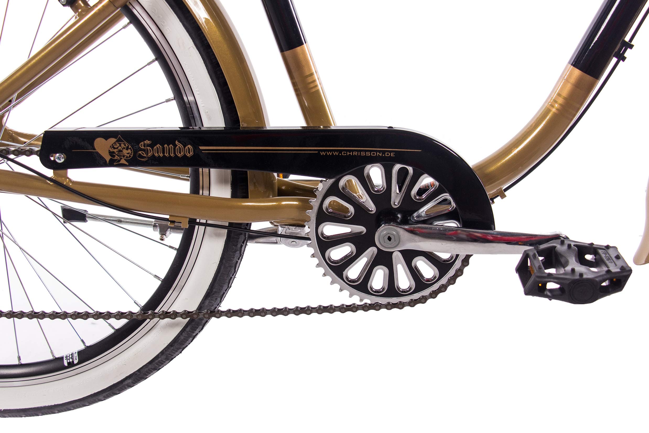 CHRISSON 26 Zoll Beachcruiser Sando schwarz Gold mit 6 Gang Shimano Tourney Kettenschaltung, Damenfahrrad, Herrenfahrrad im Retro Look, Vintage Cruiser Bike