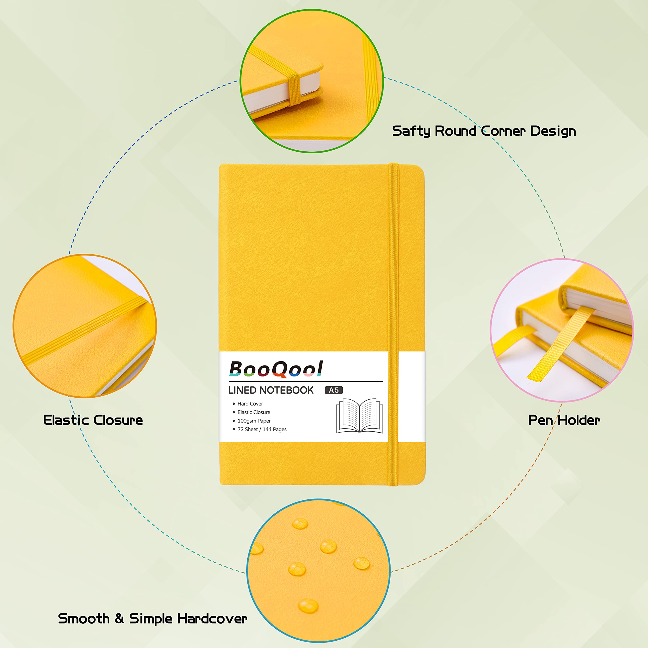 A5 Notebook - Notebook A5 with Premium Paper, Faux Leather Notebook, 5.7" X 8.4", Hardcover, 144 Pages - Yellow - Image 3