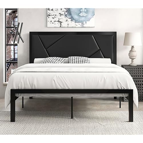 SHA CERLIN Full Size Metal Bed Frame with Leather Upholstered Headboard,Linear Geometric Design,Heavy Duty Metal Slats Support Platform,No Box Spring Needed,Black
