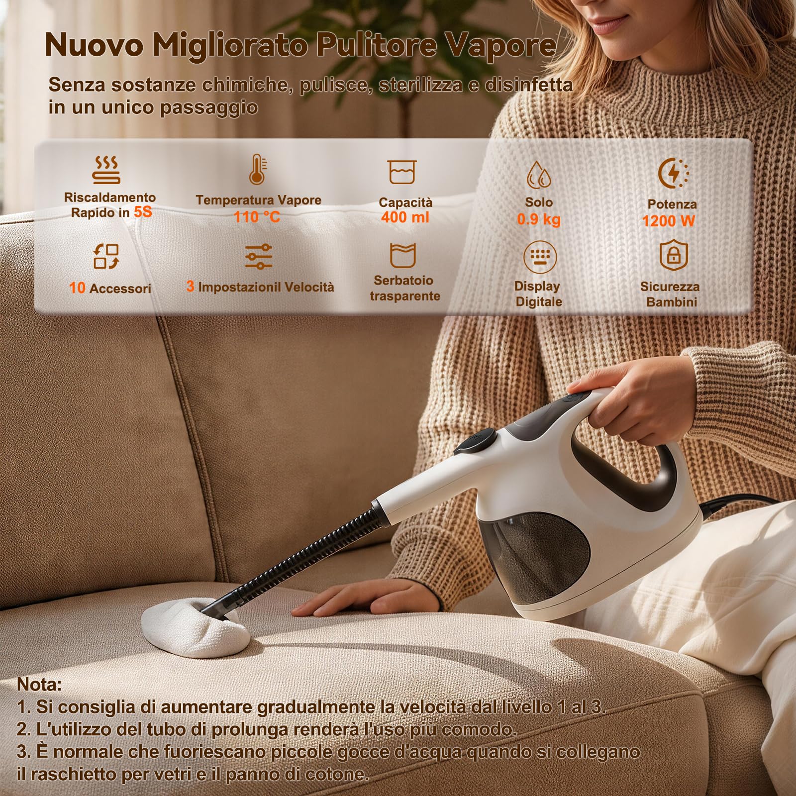Pulitore a Vapore Portatile, Calore Istantaneo 5 Secondi, 400 ml Serbatoio Trasparente, Facile Riempire, Solo 0.92 kg, 10 Accessori, Multiuso Pressurizzato Pulitore Steam Cleaner Casa