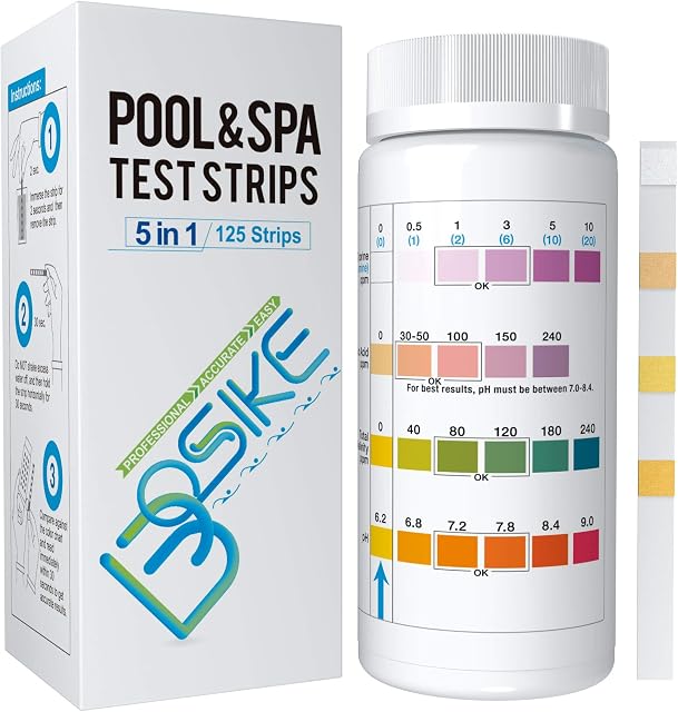 BOSIKE 5 in 1 Water Hot Tub, Swimming Pool & Spa Test Strips Kit - 125 Water Tester Strips for Cyanuric Acid, Free Chlorine, Alkalinity, Bromine and pH Testing