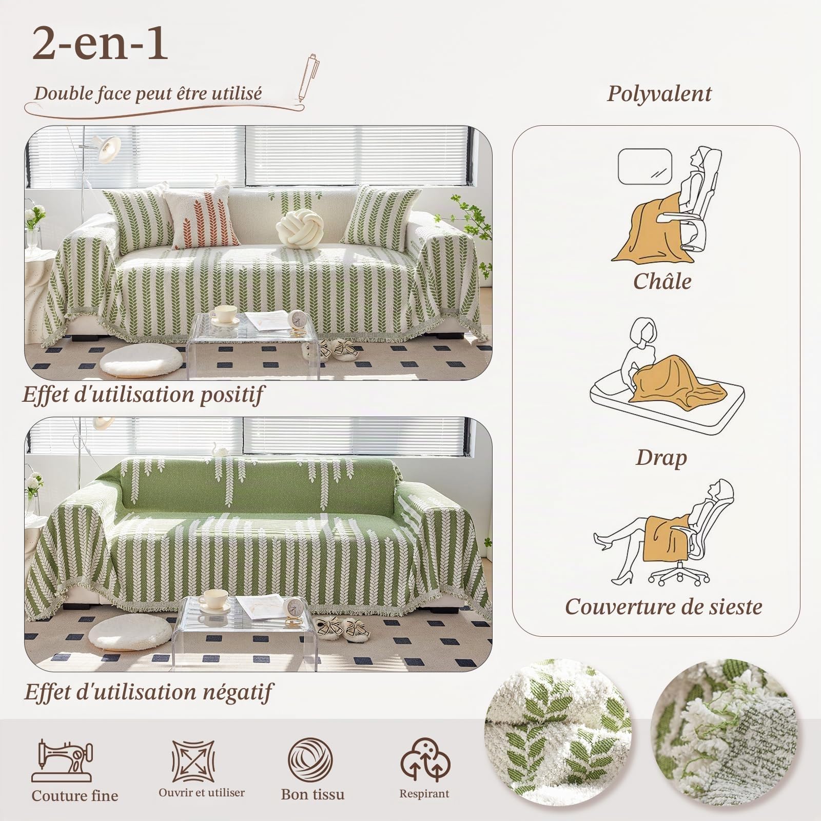 Multifonctionnel Plaid Canape Jeté de Canapé Grande Taille,Housse de Canapé, Couverture de Canapé à Motif Botanique, Couverture Canapé Automne/Hiver 180 * 300cm-Vert
