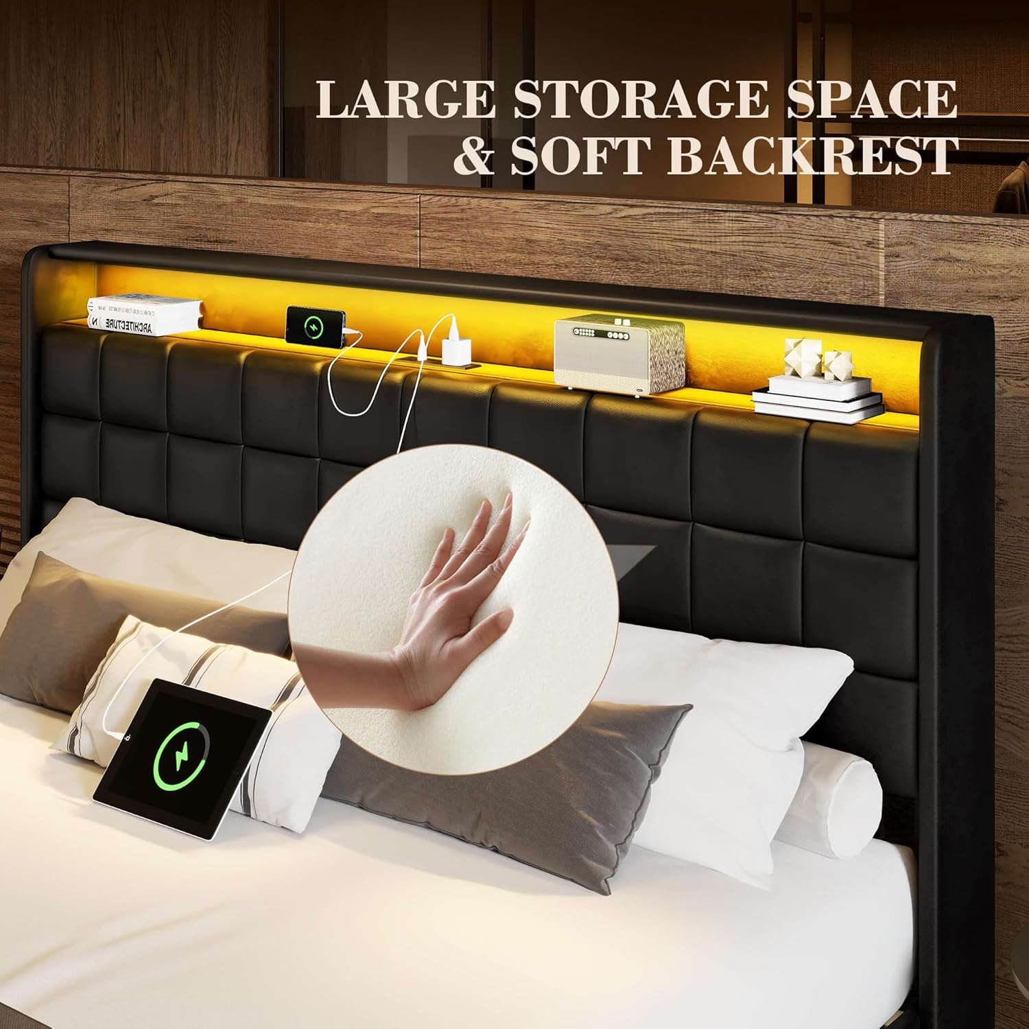 Queen Bed Frame, Leather Upholstered Headboard with LED Lights and Charging Station, Heavy Duty Wood Slats No Box Spring Needed - Easy Assembly and Noise Free - Image 3