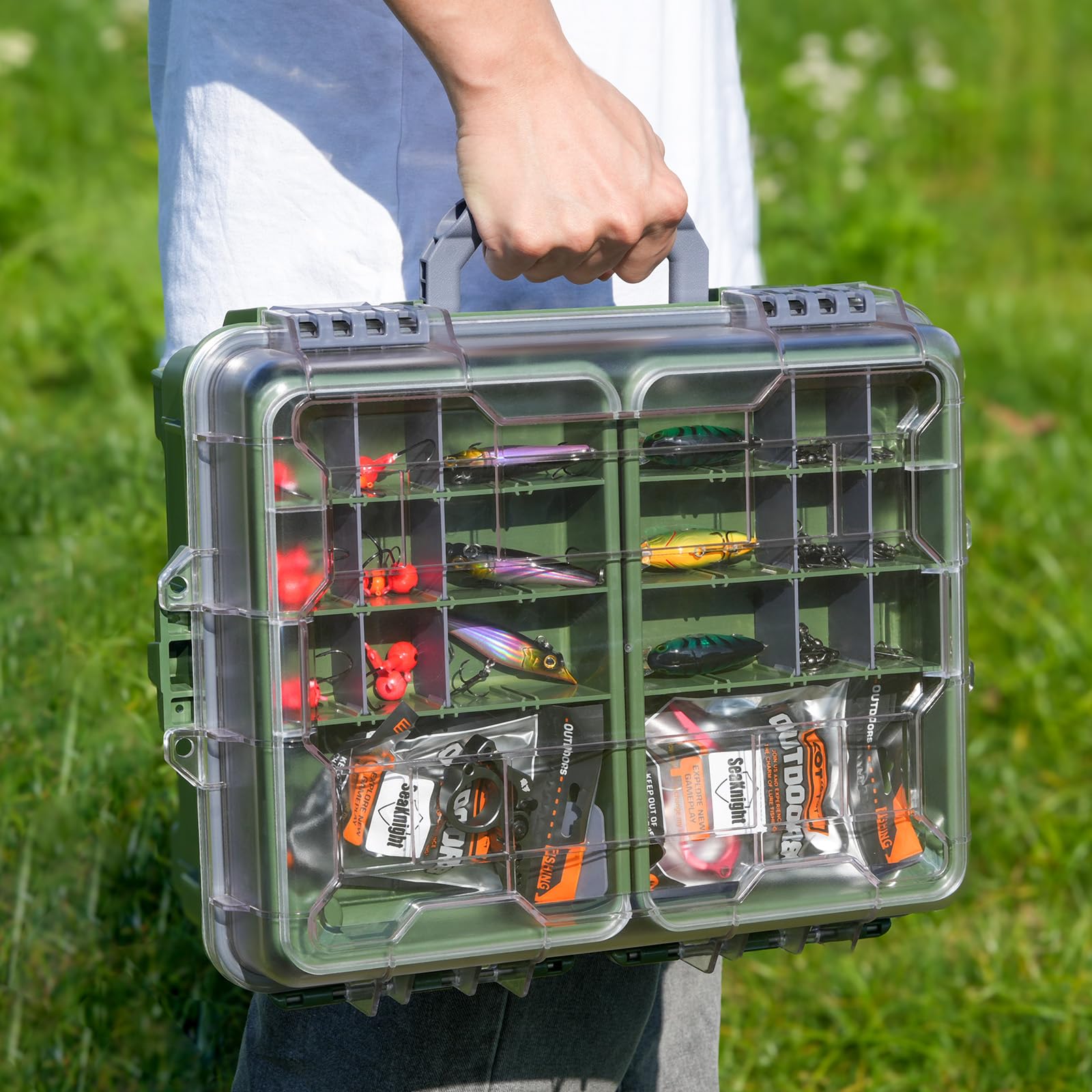 Seaknight Scatola per attrezzatura da pesca impermeabile a 3 livelli, con chiusura sicura, ABS resistente e scomparti regolabili, organizer per la conservazione di attrezzatura per la pesca alla carpa