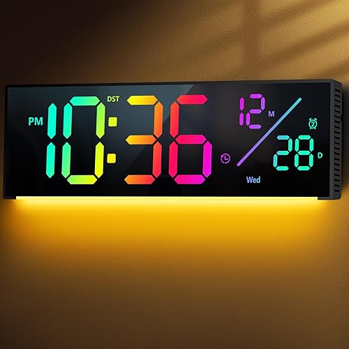 Reloj de pared digital, reloj de pantalla grande con 11 colores RGB, reloj de pared con luz nocturna, reloj despertador, fecha, semana, temperatura,
