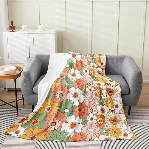 Colorful Daisy Flower Flannel Blanket,70s Hippie Style Blankets,Groovy Bohemian Fleece Blanket for Kids Girls Woman Teens Room Decor,Plants Vivid