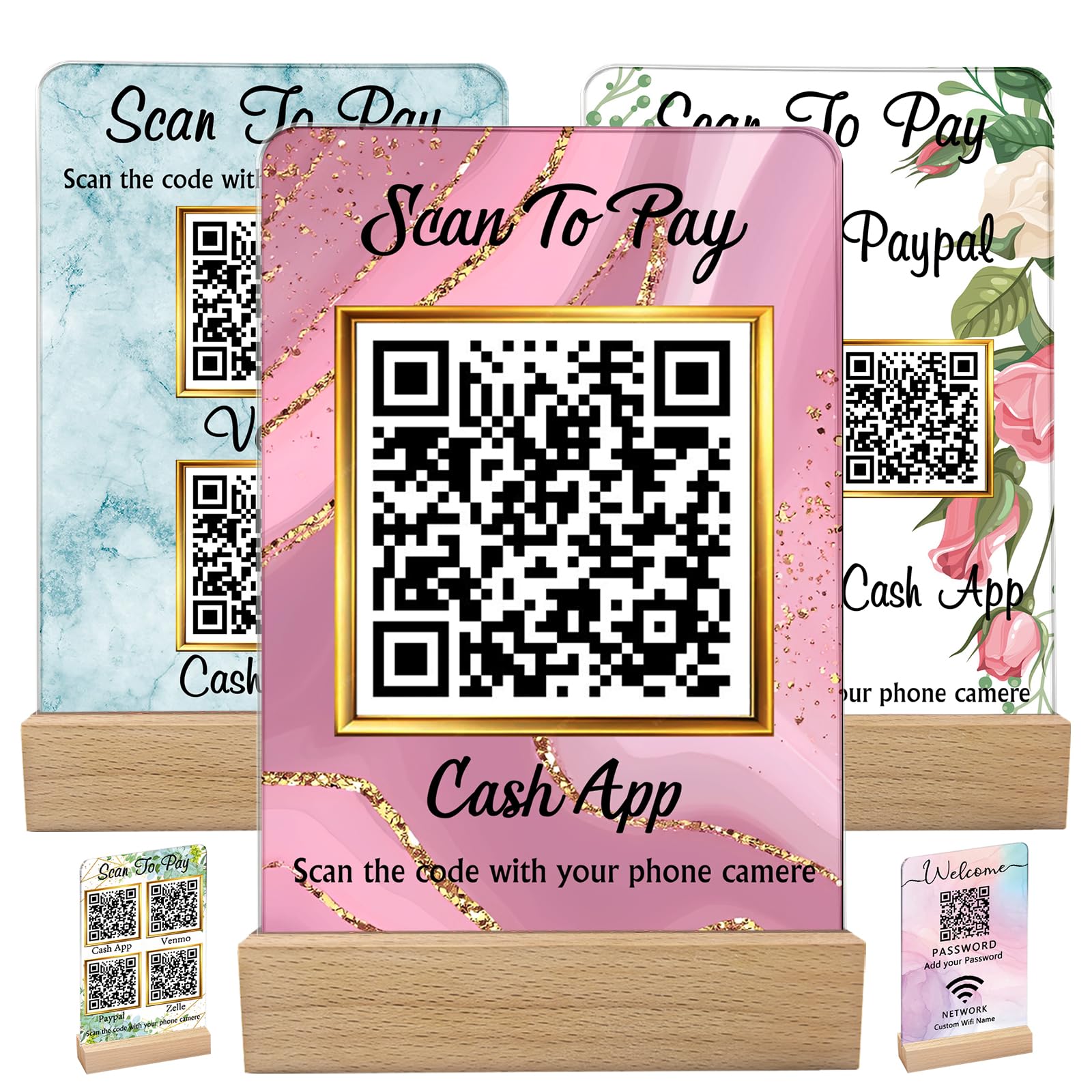Custom Acrylic Multi QR Code Sign for Business Personalised Venmo Zelle Cashapp Paypal Scan to Pay QR Display Social Media Wifi QR Code Plaque for Salon Beauty Store-Vertical-1QR