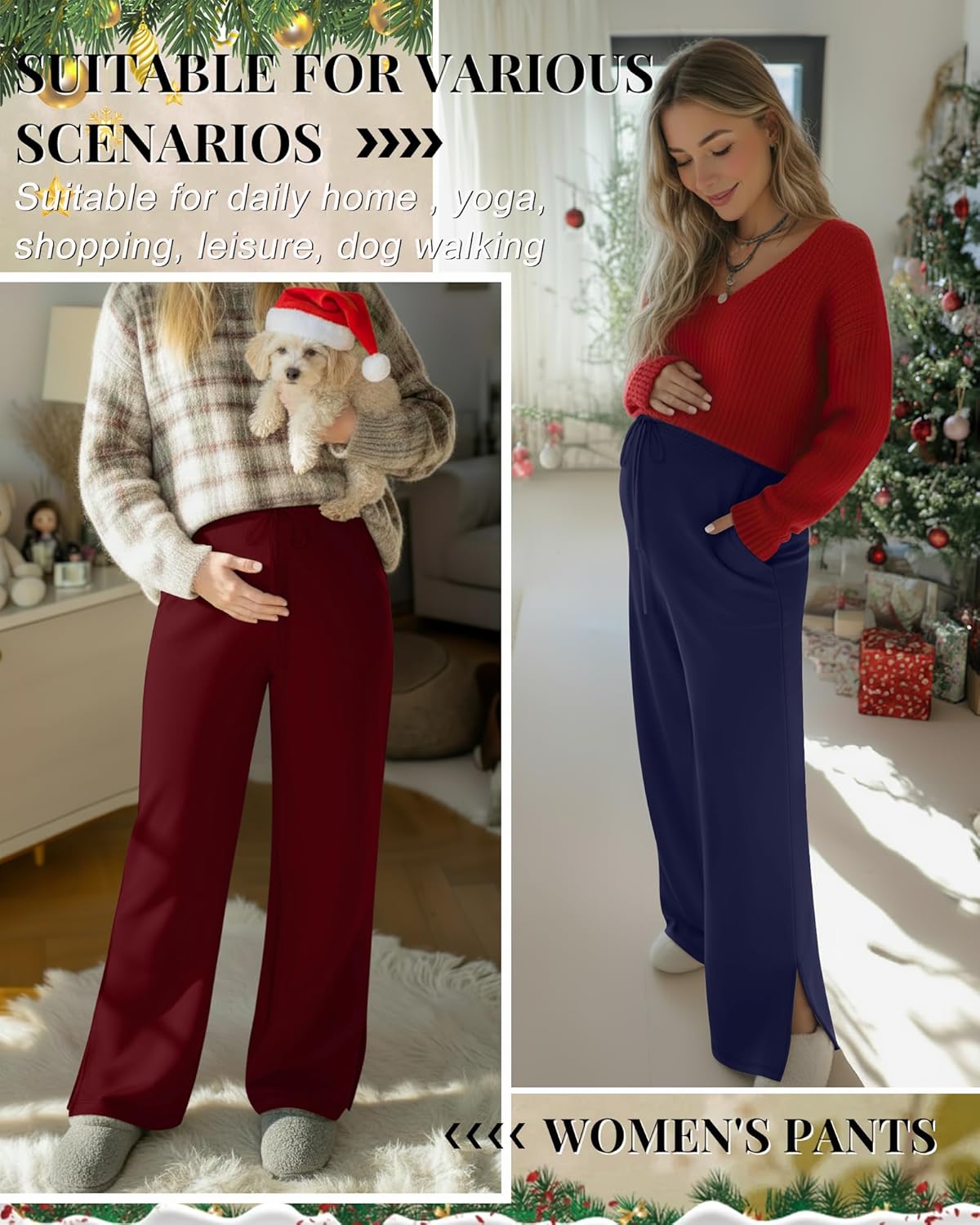 3 Pack Women's Maternity Pants, Over The Belly Pregnancy Sweatpants, Wide Leg Lounge Bottoms with Pockets - Image 2